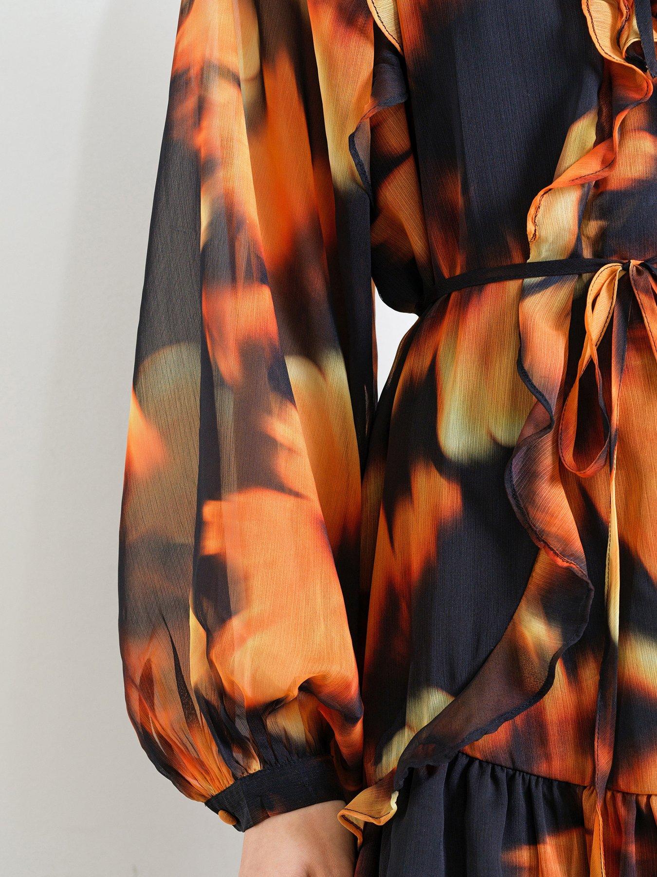 Image 3 of 5 of French Connection Abstract Print Mini Smock Dress - Orange