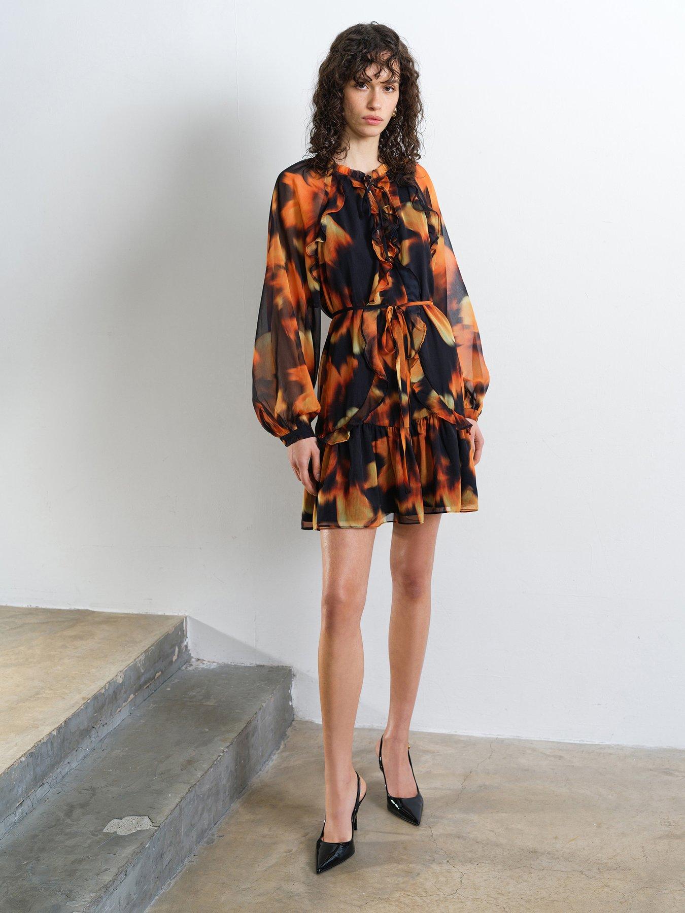 Image 4 of 5 of French Connection Abstract Print Mini Smock Dress - Orange