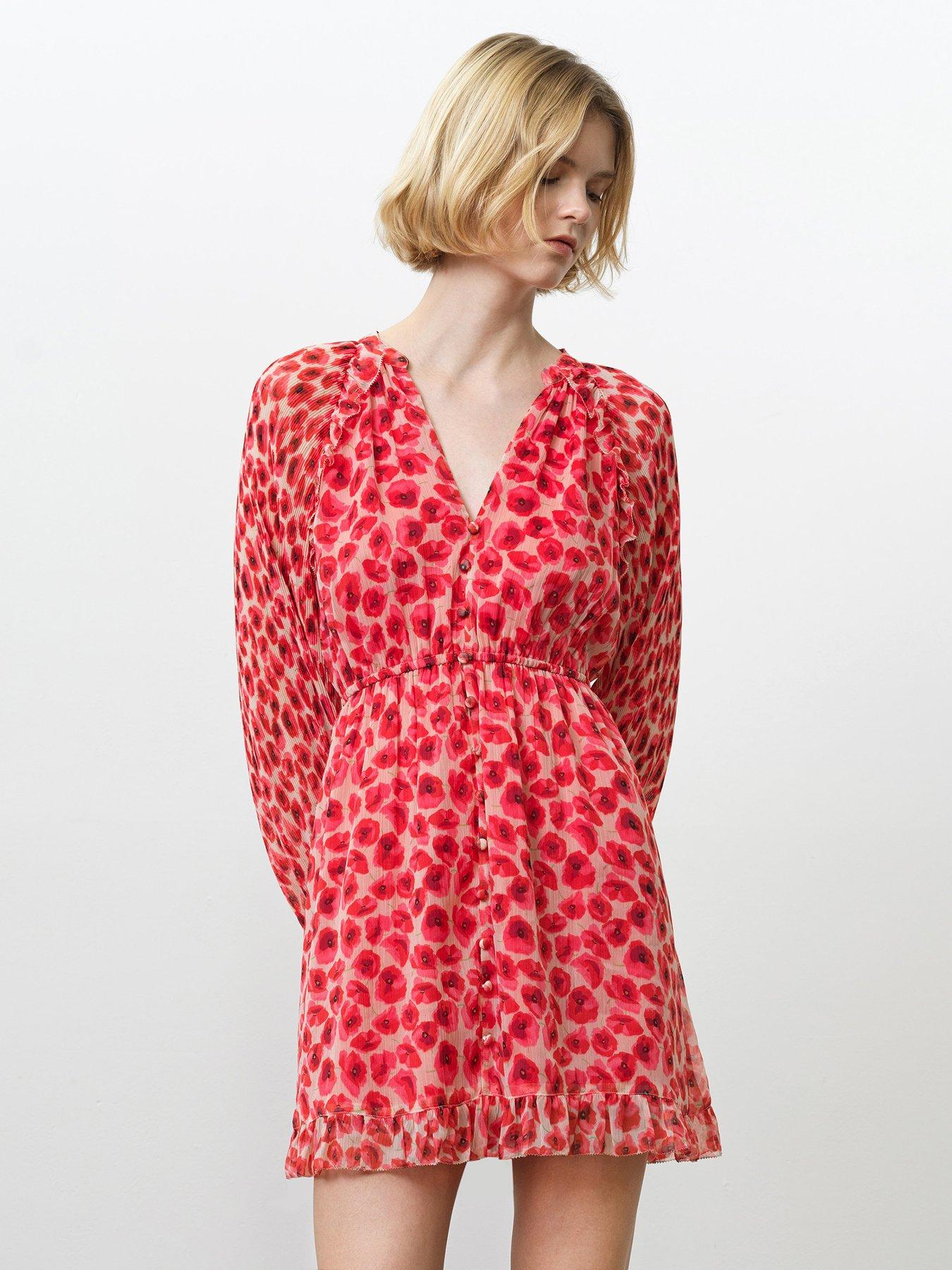 French Connection Floral Print V-Neck Elasticated Waist Mini Dress - Red