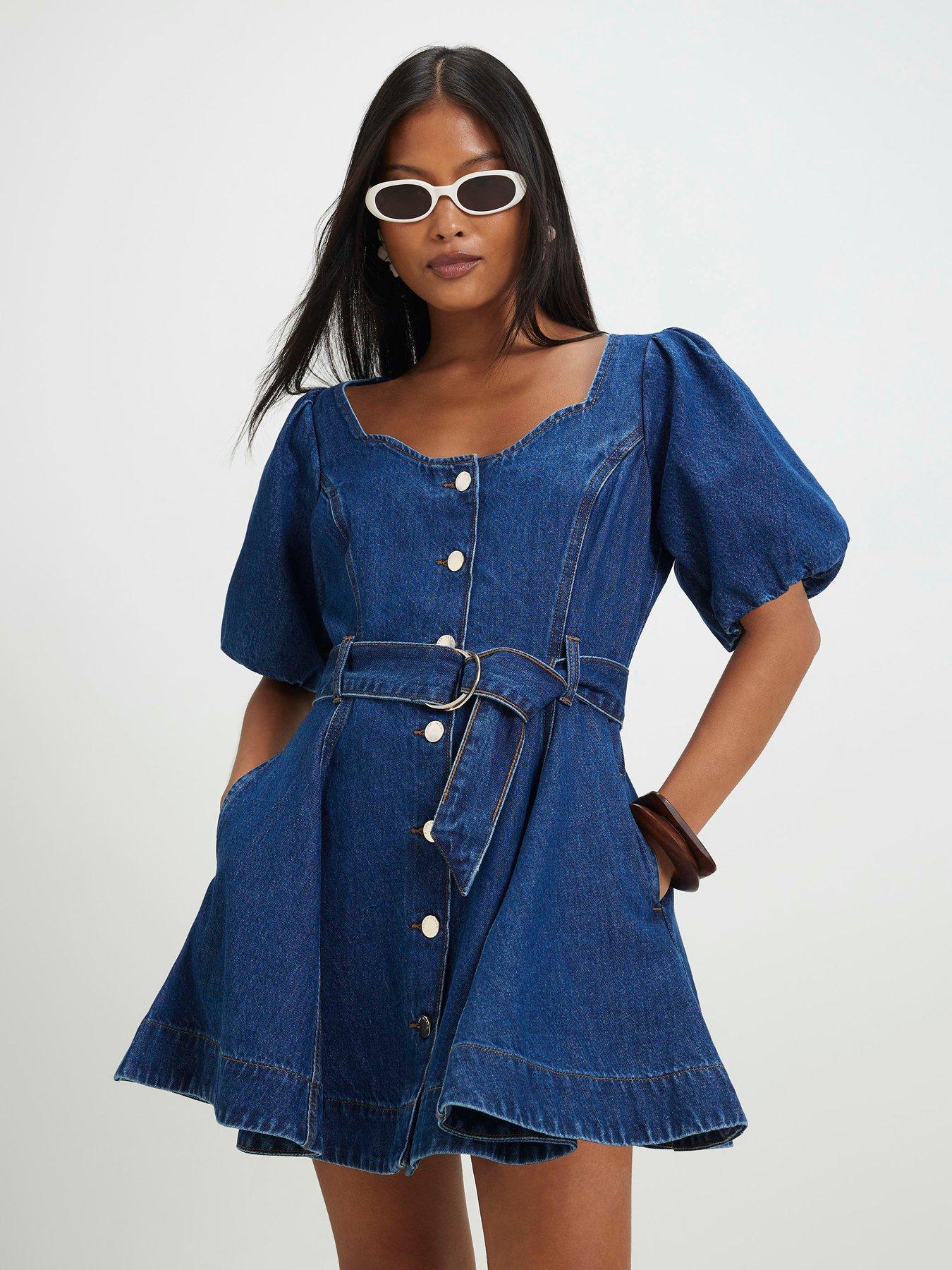 Image 1 of 5 of River Island Petite Balloon Sleeve Belted Denim Mini Dress - Blue