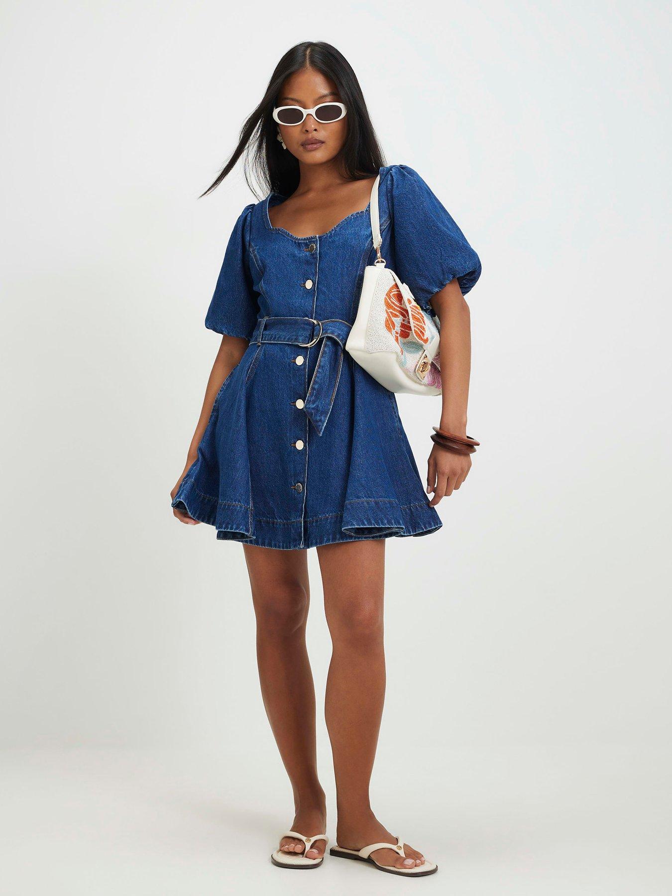 Image 2 of 5 of River Island Petite Balloon Sleeve Belted Denim Mini Dress - Blue