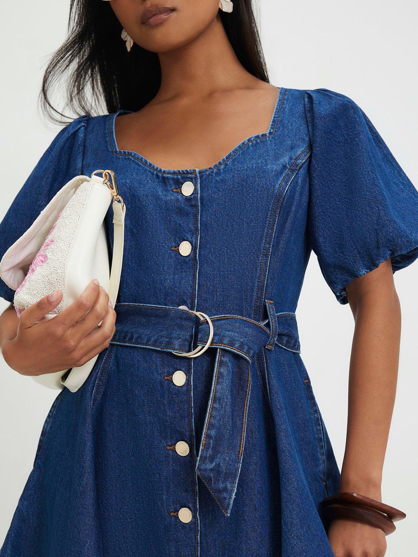Image 3 of 5 of River Island Petite Balloon Sleeve Belted Denim Mini Dress - Blue