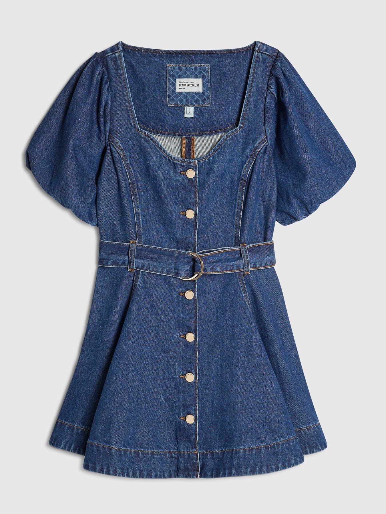 Image 4 of 5 of River Island Petite Balloon Sleeve Belted Denim Mini Dress - Blue