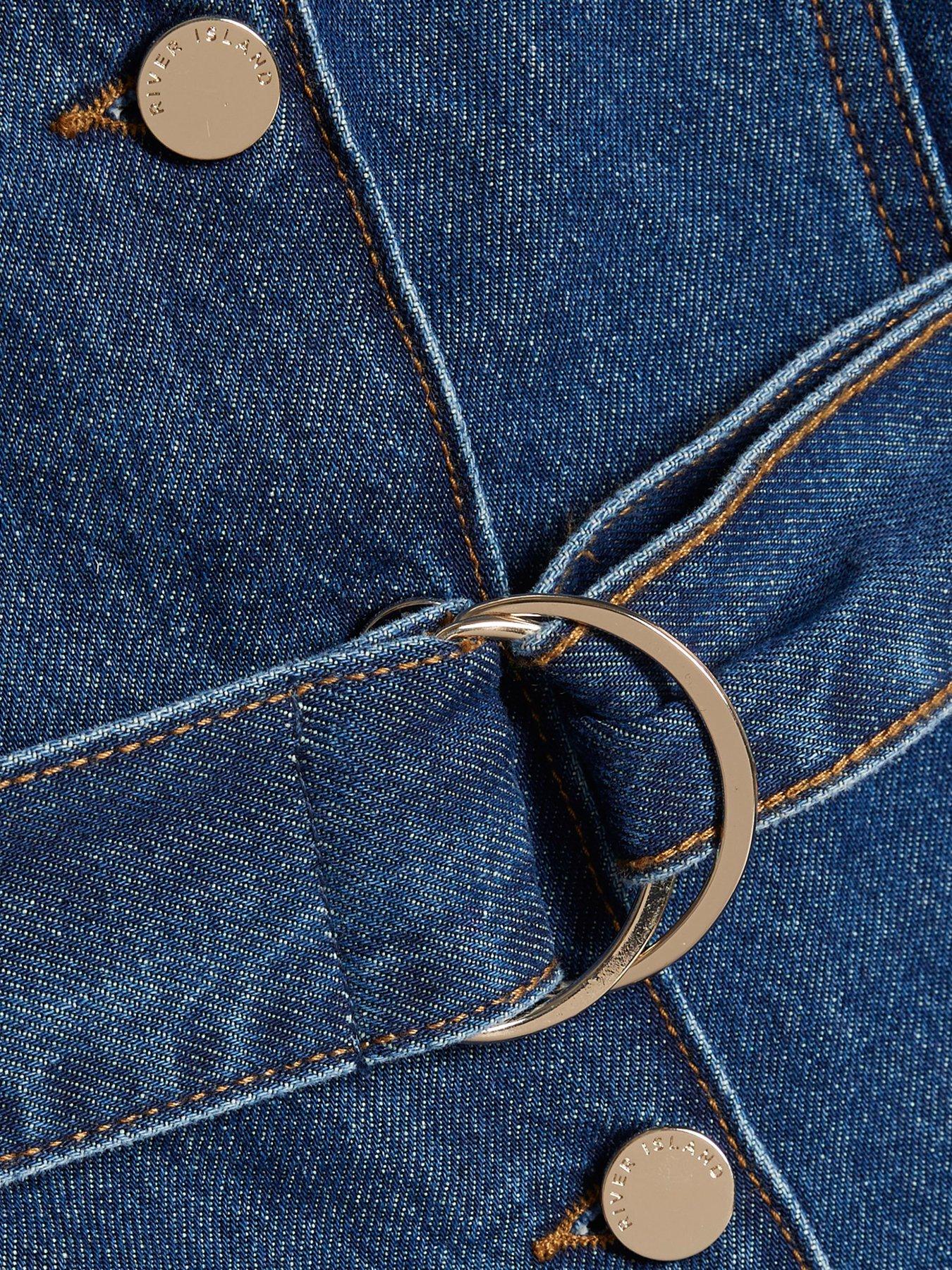 Image 5 of 5 of River Island Petite Balloon Sleeve Belted Denim Mini Dress - Blue