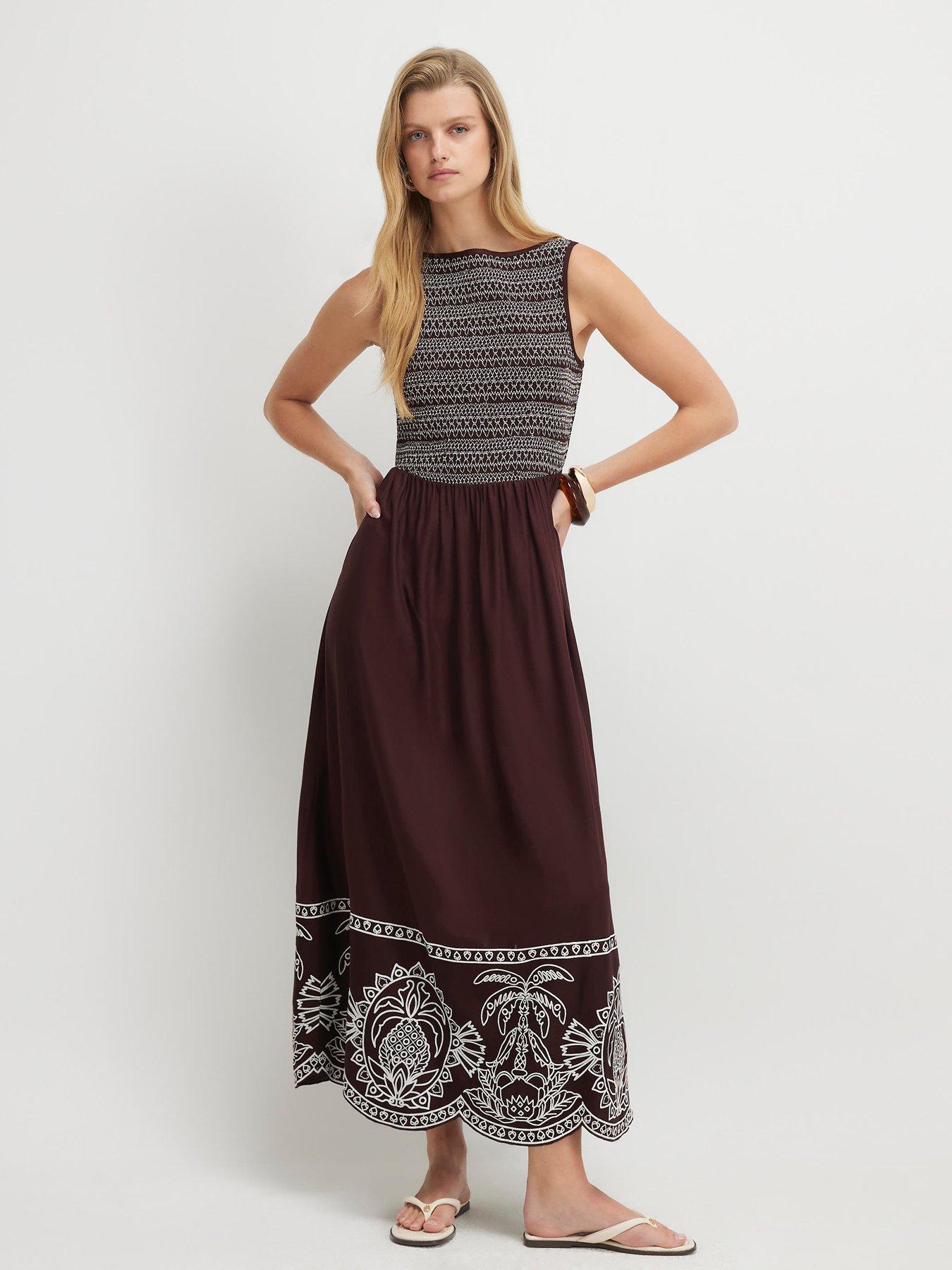 River Island Cotton Embroidered Hem Midi Dress - Brown