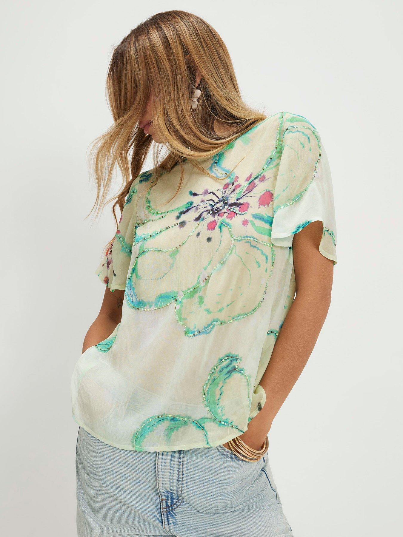 River Island Short Sleeve Blurred Floral Print Top - Green