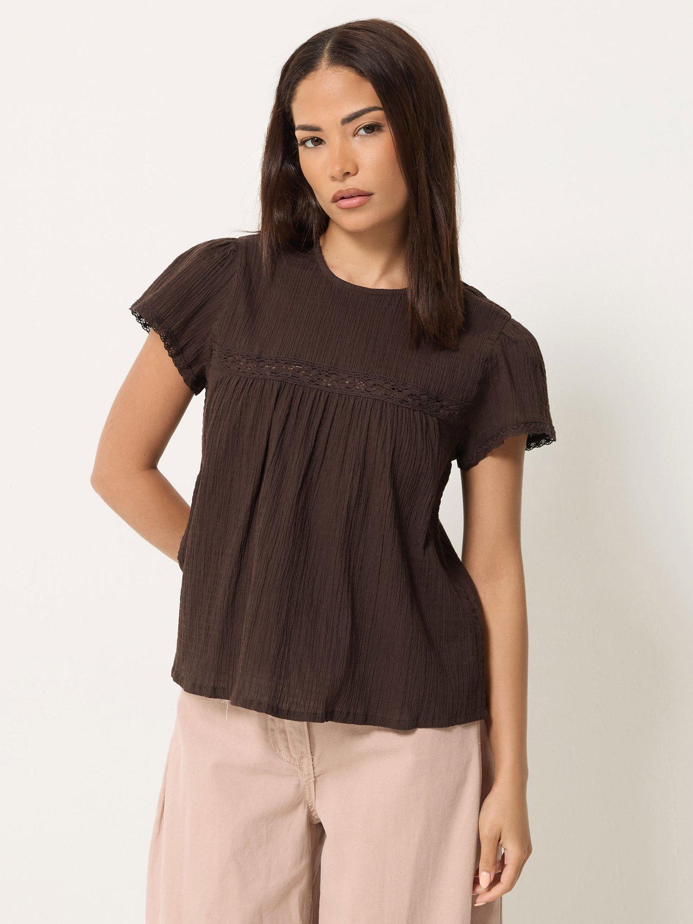 PixieGirl Petite Crinkle Crochet Top - Brown
