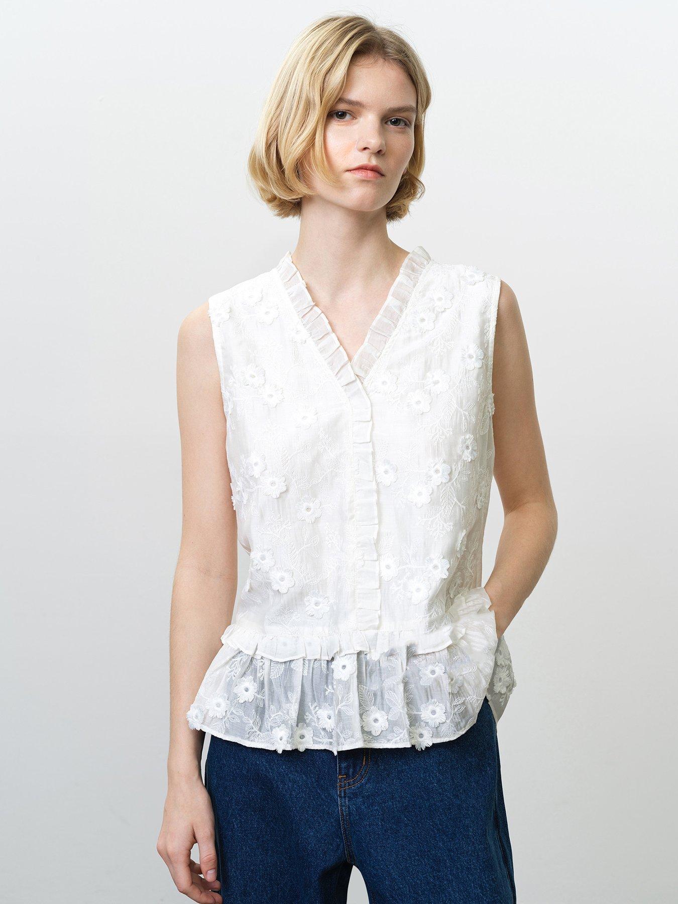 French Connection Semi-Sheer V-Neck Floral Embroidered Peplum Top - White