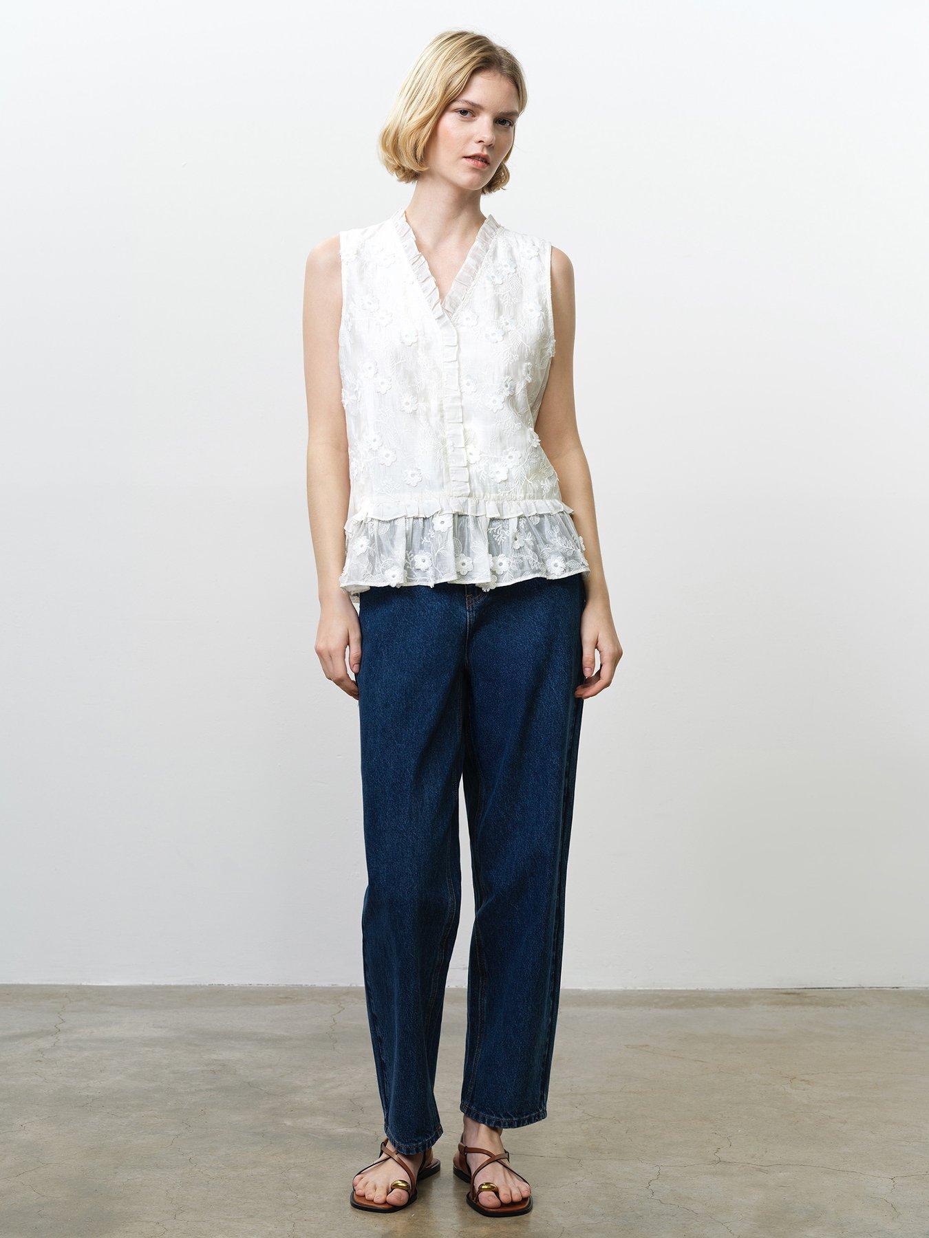 Image 2 of 5 of French Connection Semi-Sheer V-Neck Floral Embroidered Peplum Top - White