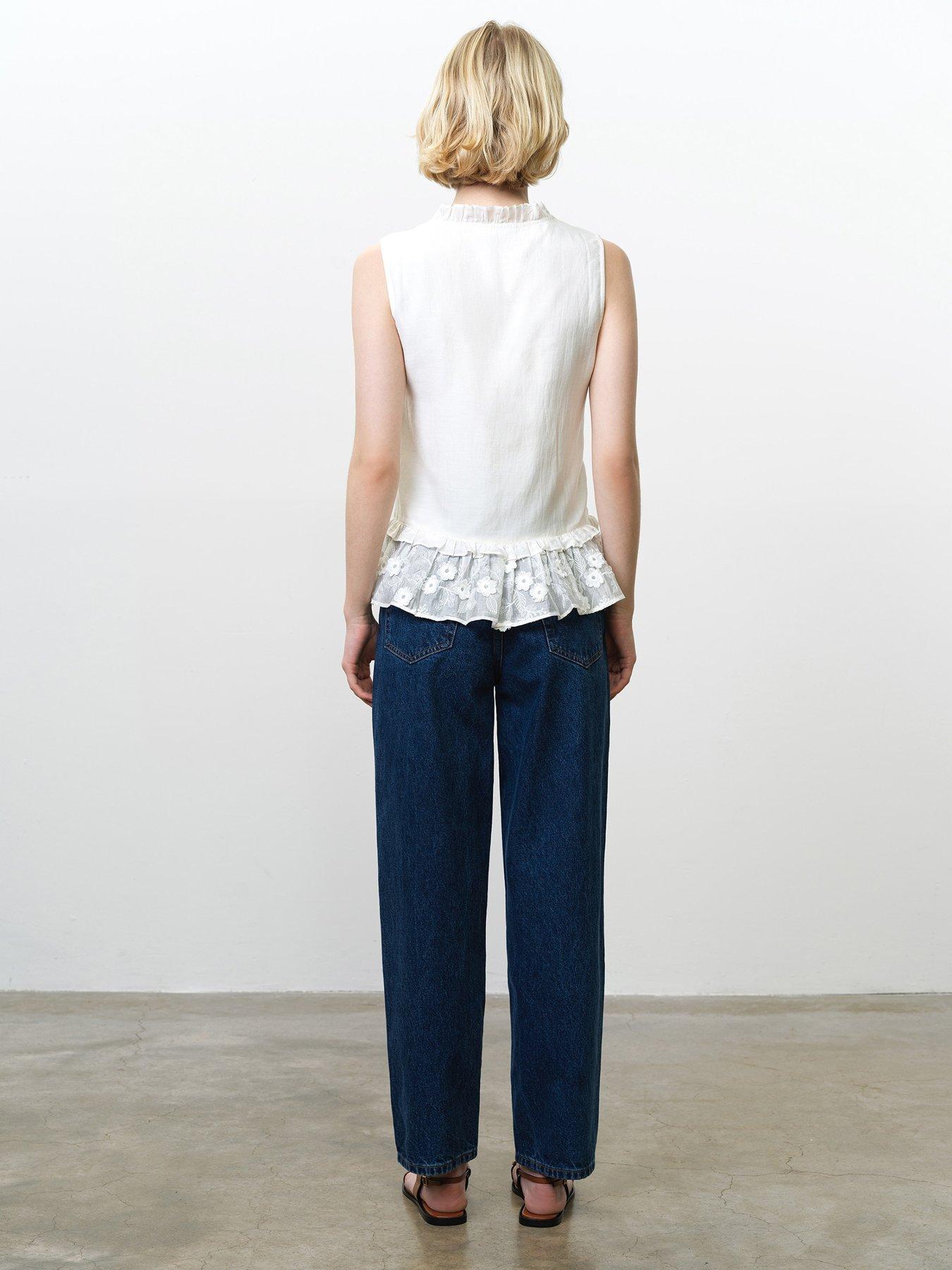 Image 3 of 5 of French Connection Semi-Sheer V-Neck Floral Embroidered Peplum Top - White