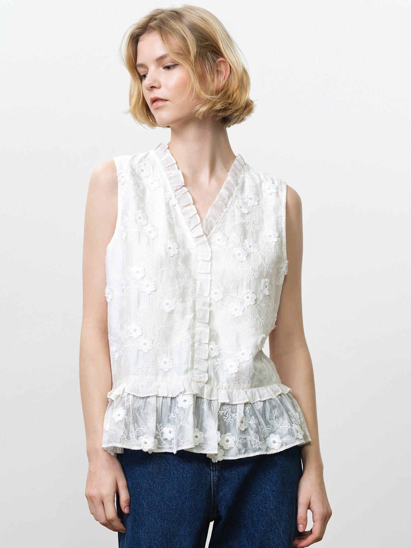 Image 4 of 5 of French Connection Semi-Sheer V-Neck Floral Embroidered Peplum Top - White