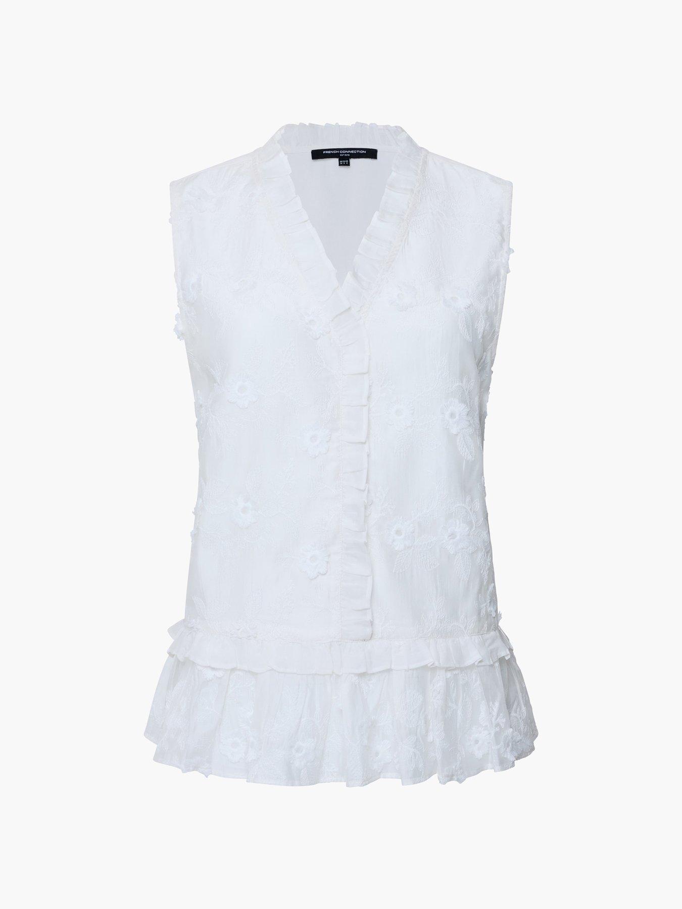 Image 5 of 5 of French Connection Semi-Sheer V-Neck Floral Embroidered Peplum Top - White