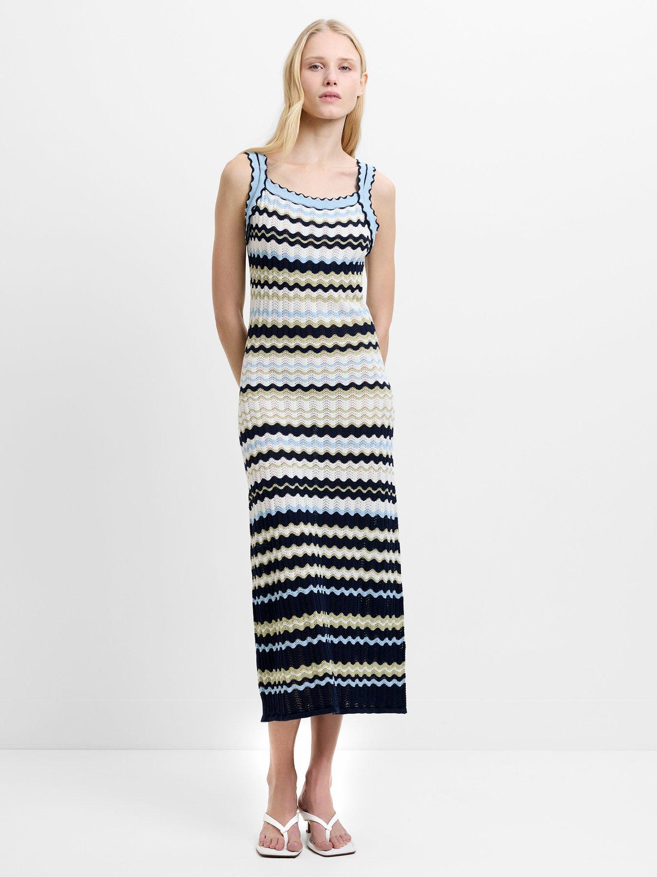 French Connection Cotton Striped Scalloped Knit Midi Dress - Multi