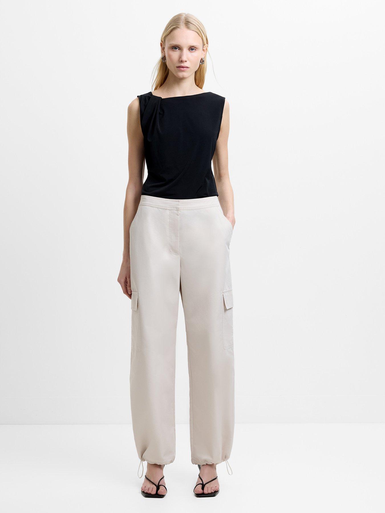 Image 2 of 5 of French Connection Cotton Blend Wide Leg Elasticated Cargo Trousers - Beige