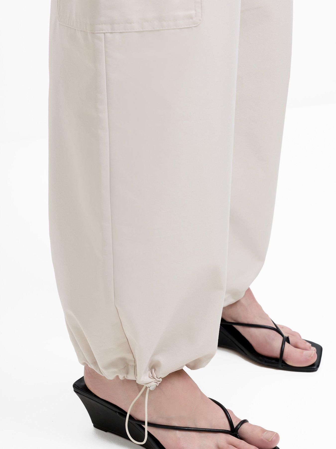 Image 4 of 5 of French Connection Cotton Blend Wide Leg Elasticated Cargo Trousers - Beige
