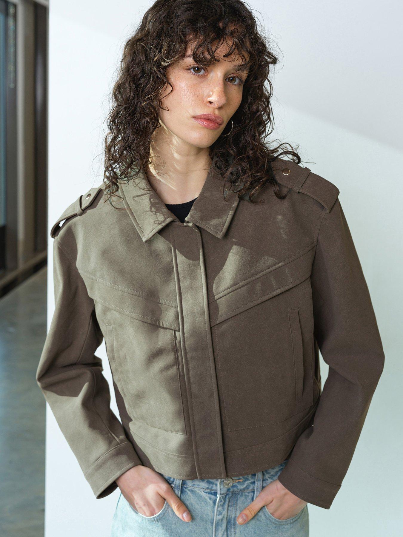 French Connection Faux Suede Aviator Cropped Jacket