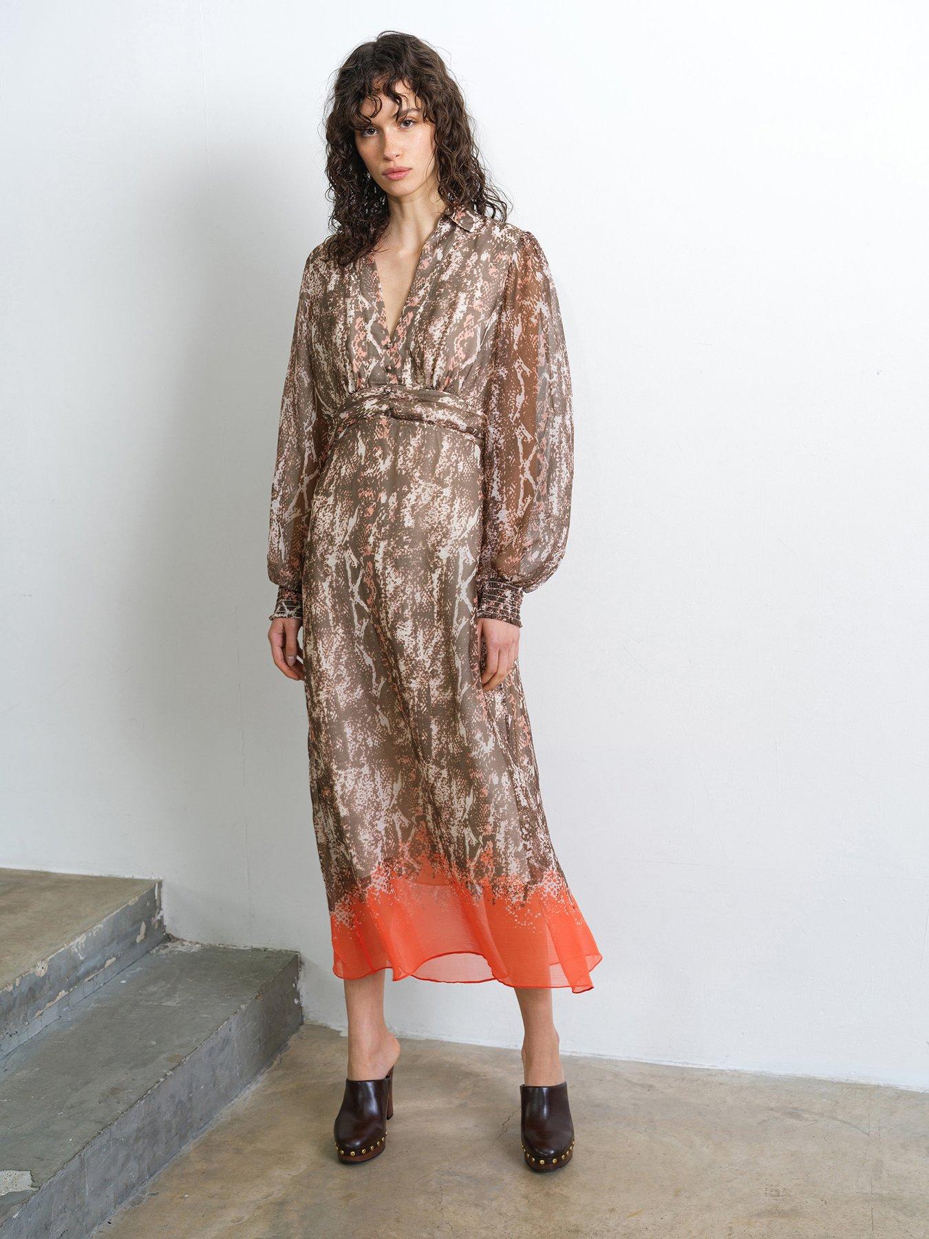 French Connection Snake Print V-neck Balloon Sleeve Chiffon Midi Dress