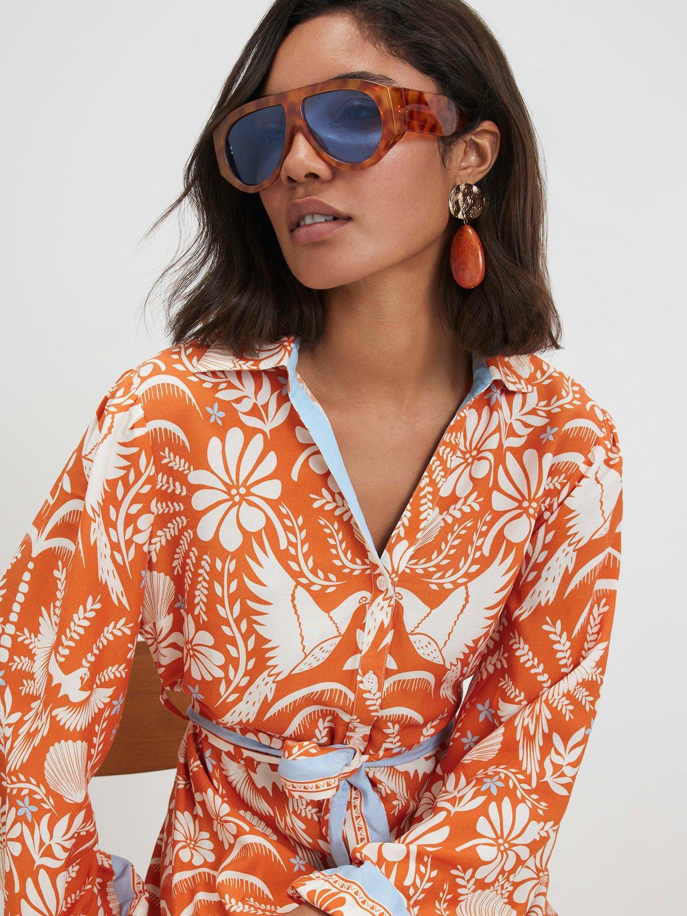 Image 4 of 5 of River Island Two Tone Belted Shirt Dress - Orange