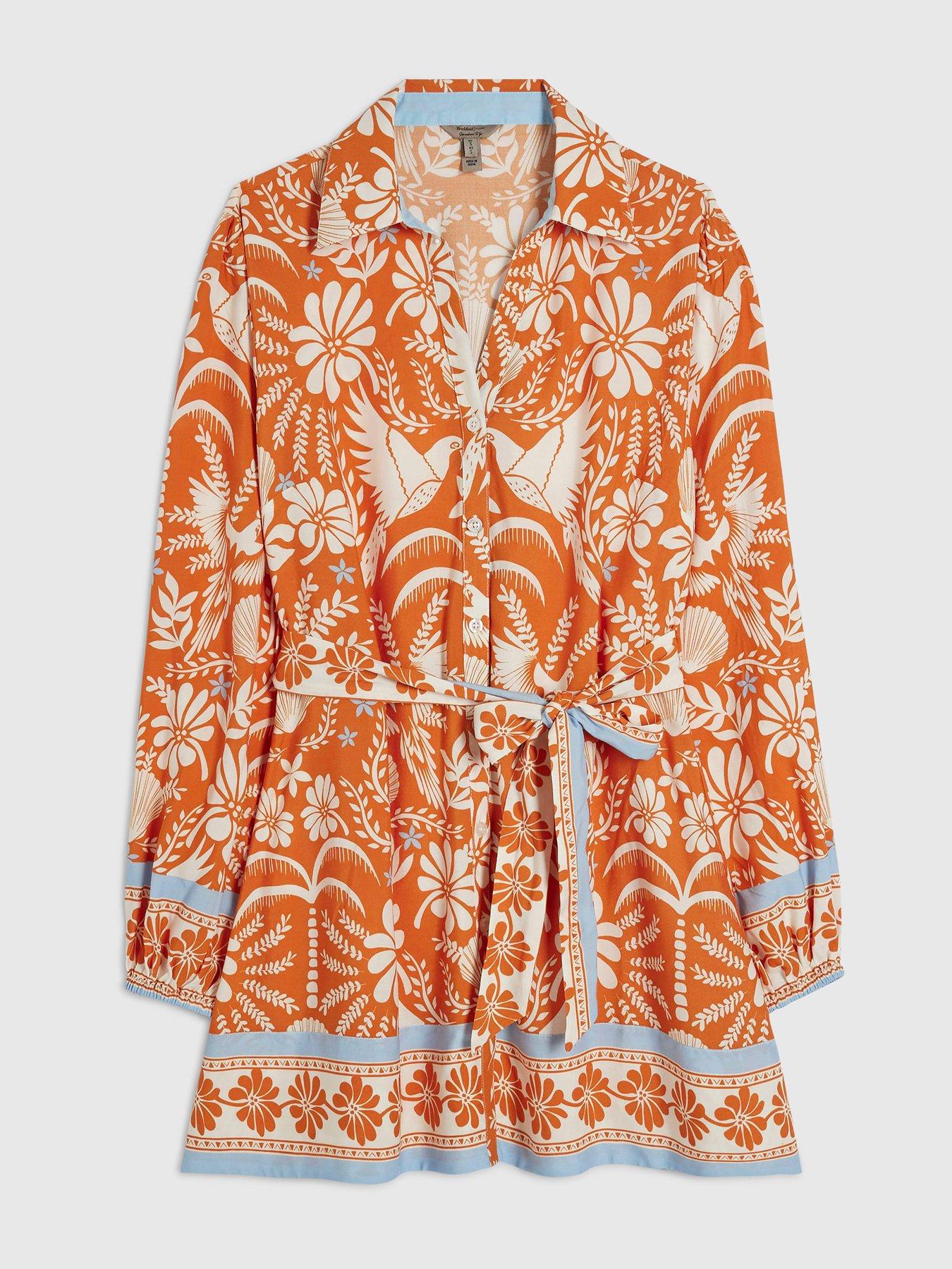 Image 5 of 5 of River Island Two Tone Belted Shirt Dress - Orange