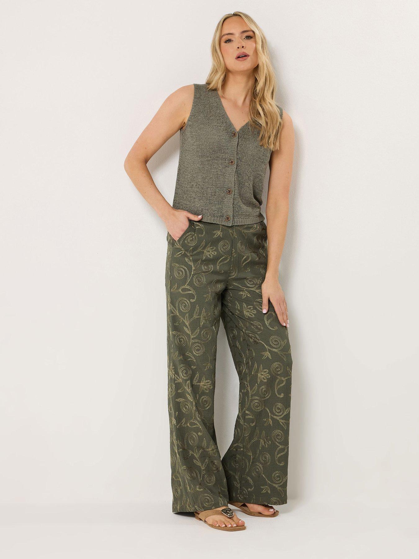Long Tall Sally Floral Embroidered Wide Leg Trousers 34" - Green