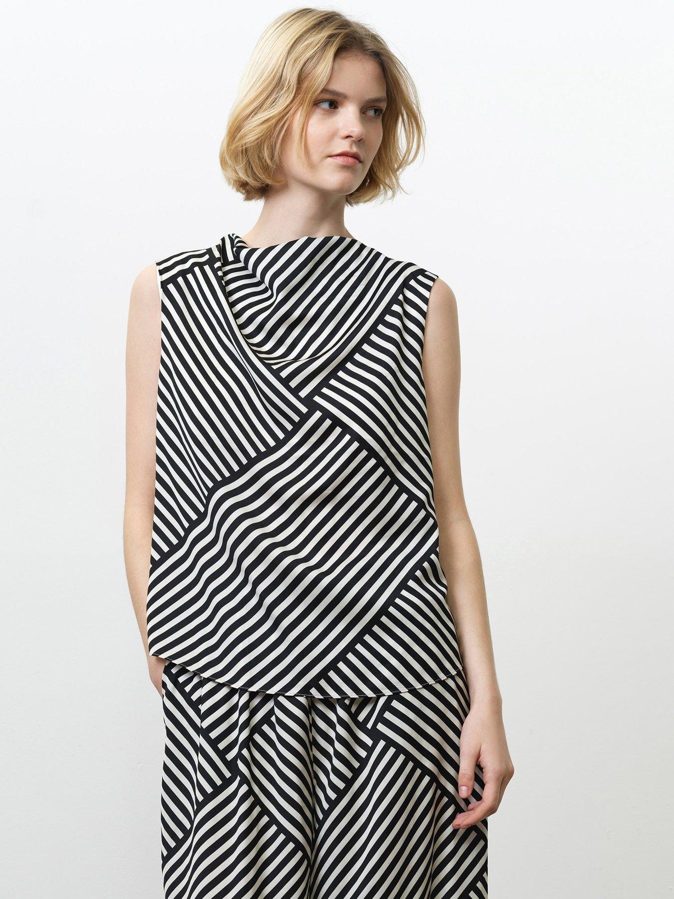Image 1 of 5 of French Connection Geometric Striped Asymmetric Sleeveless Draped Blouse