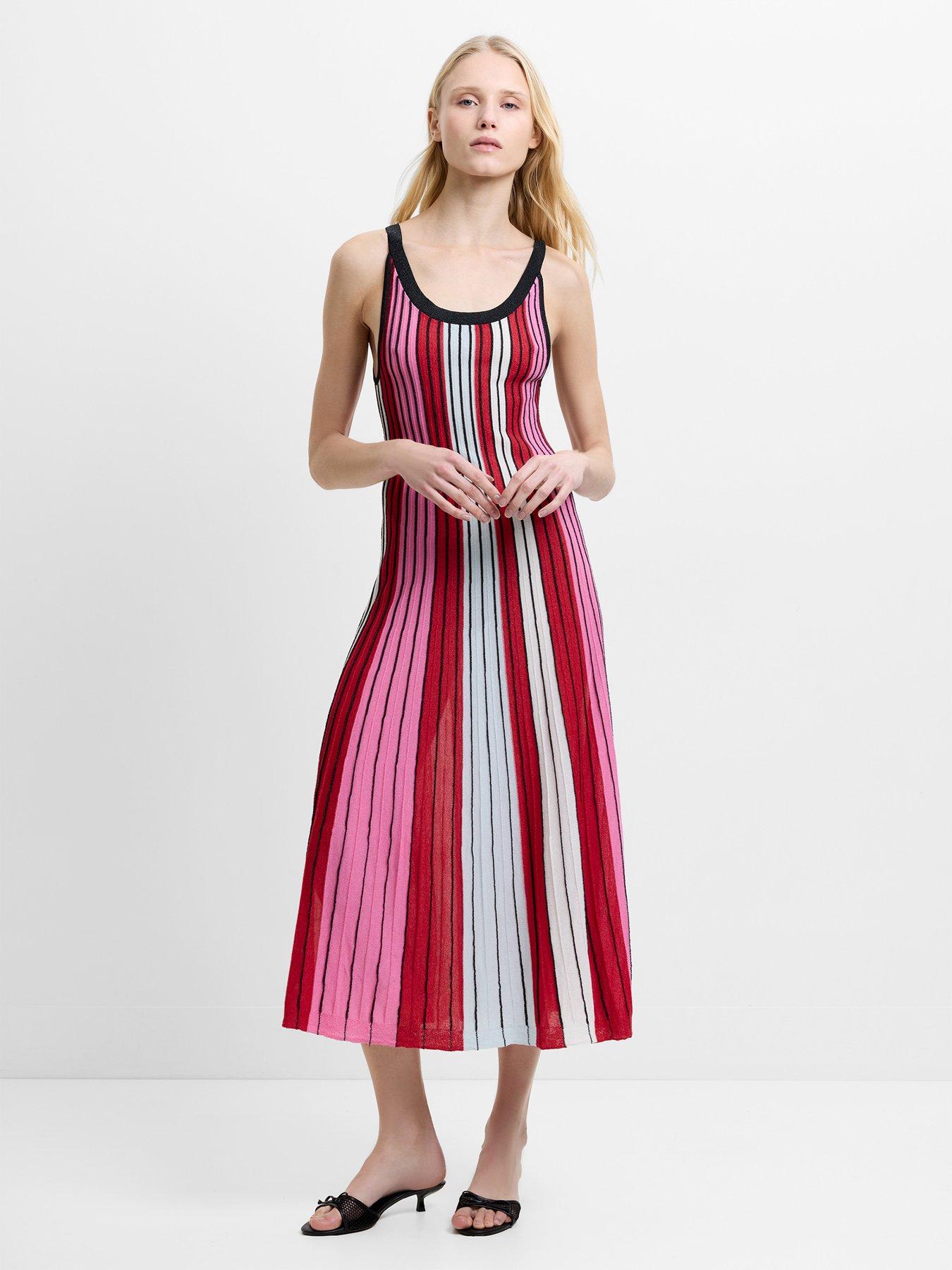 French Connection Vertical Stripe Scoop Neck A-line Knitted Midi Dress