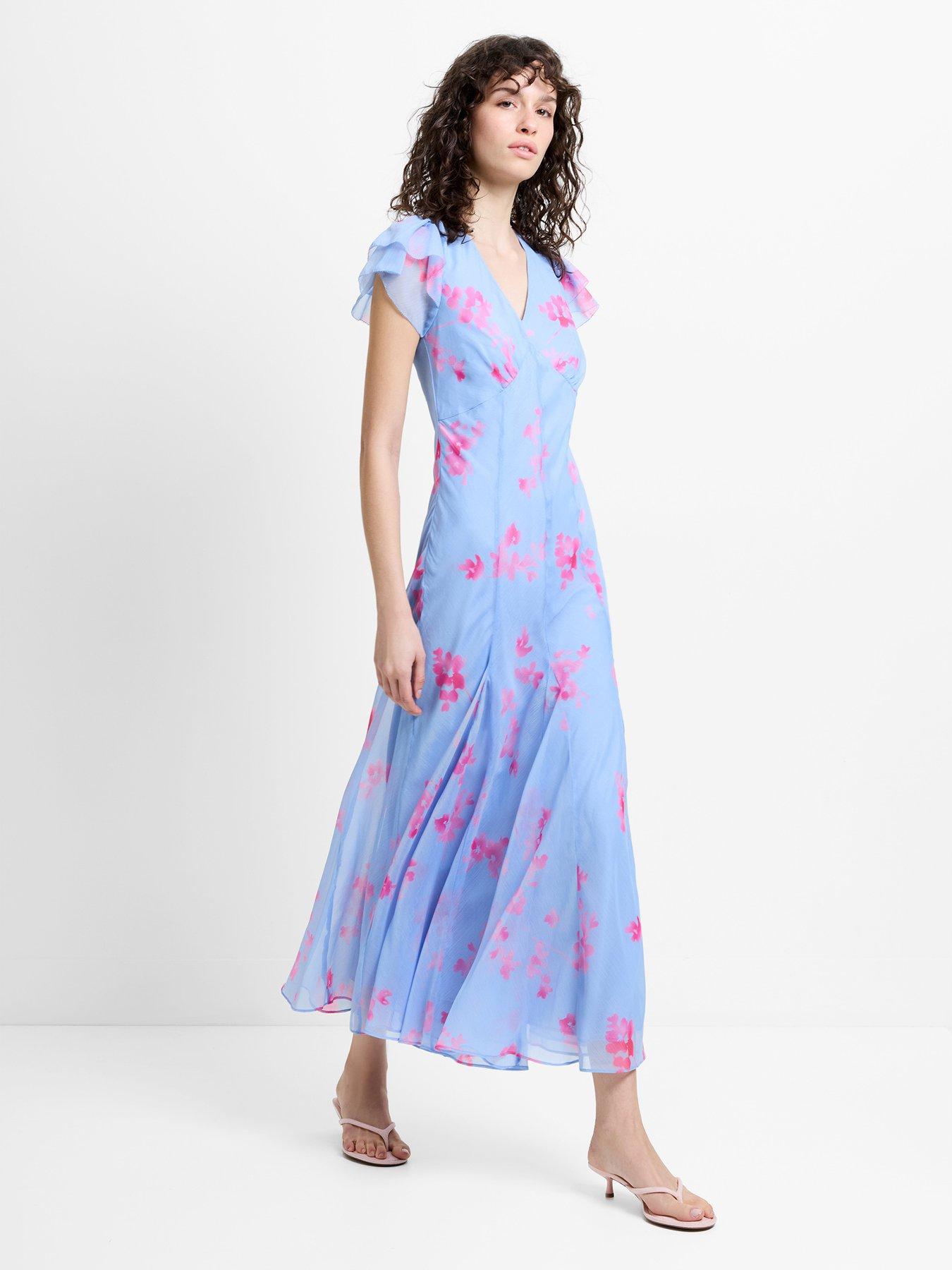 French Connection Floral Print Chiffon V-Neck Midi Tea Dress - Blue