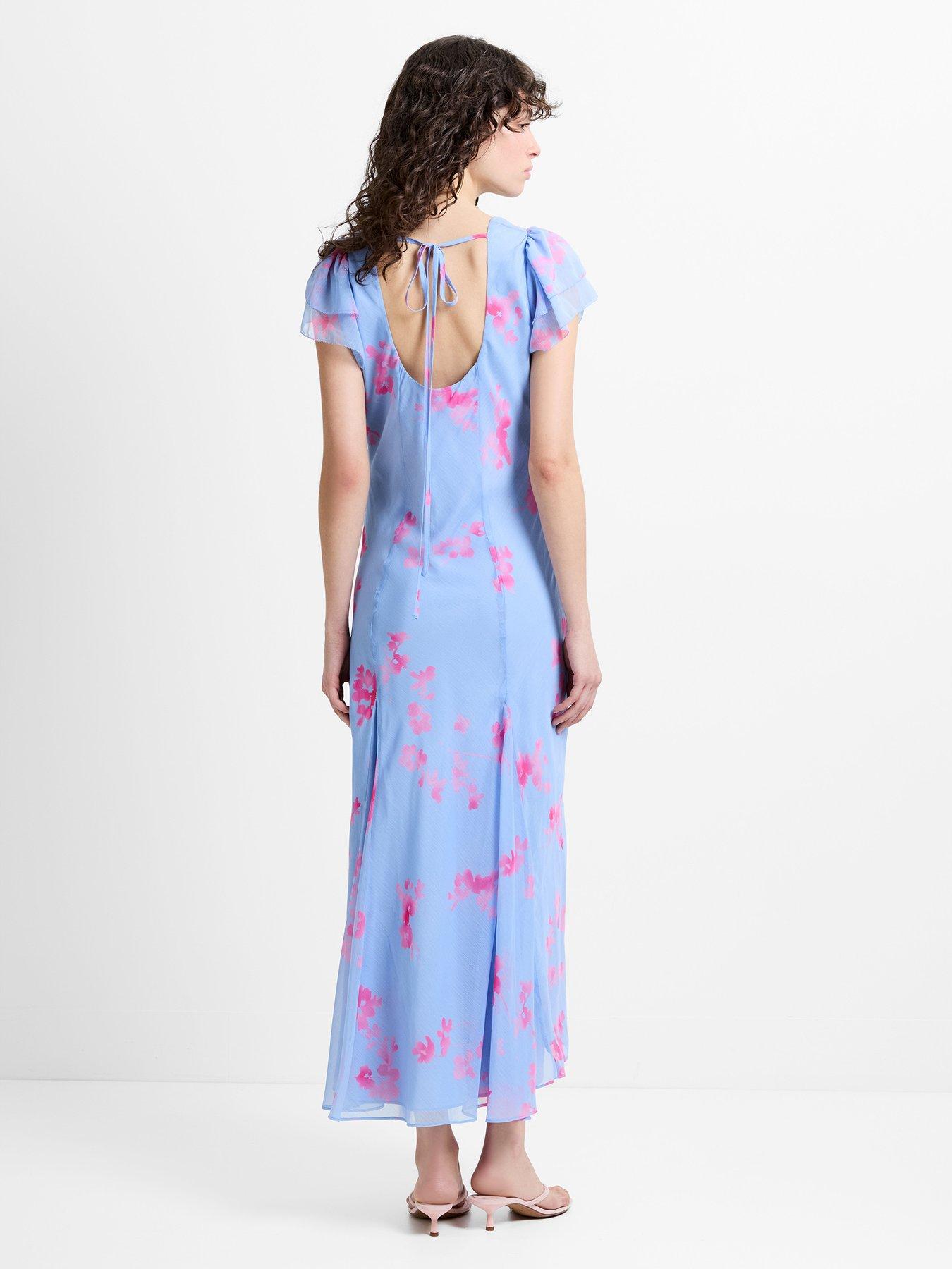 Image 2 of 5 of French Connection Floral Print Chiffon V-Neck Midi Tea Dress - Blue