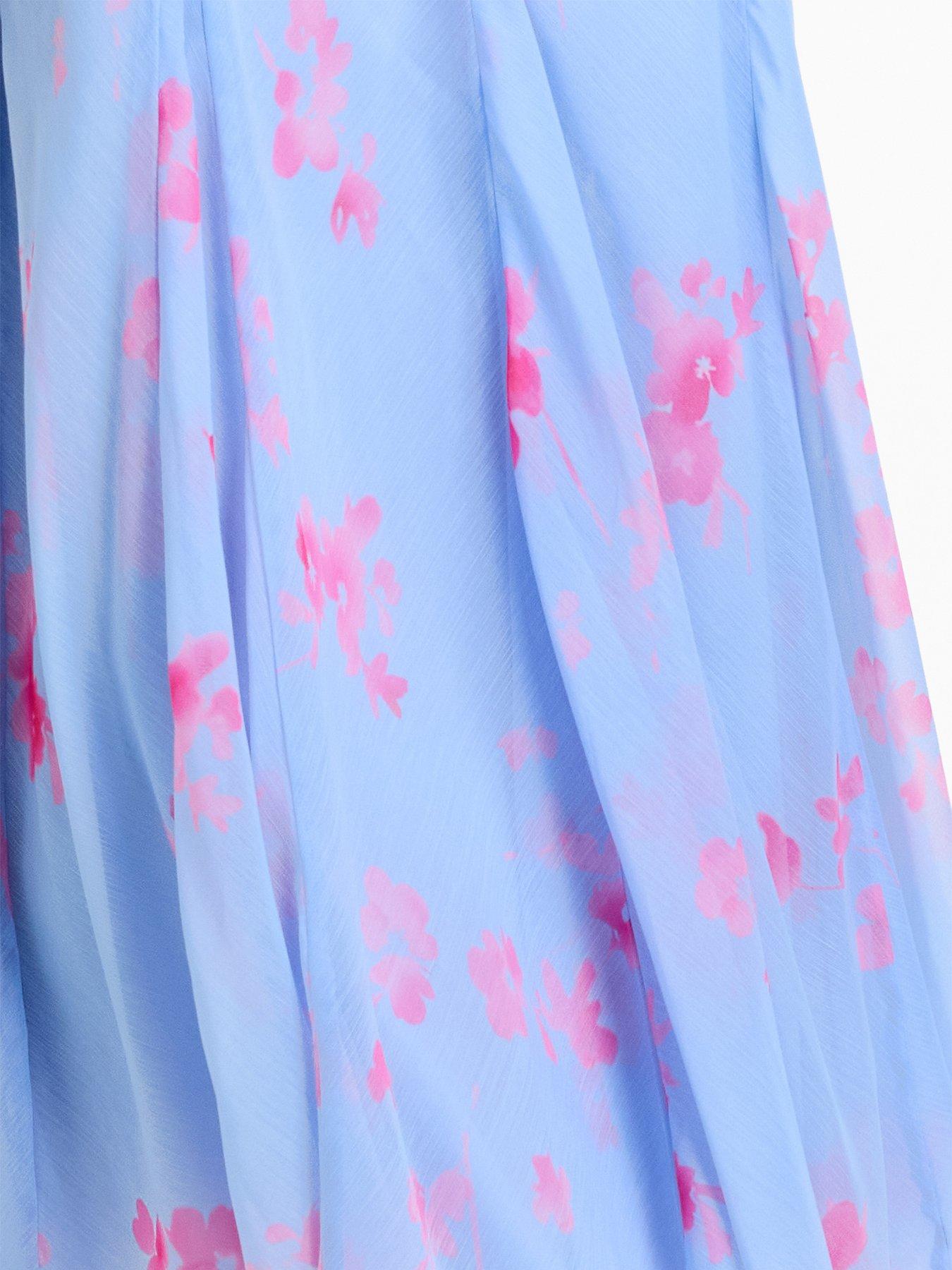 Image 3 of 5 of French Connection Floral Print Chiffon V-Neck Midi Tea Dress - Blue