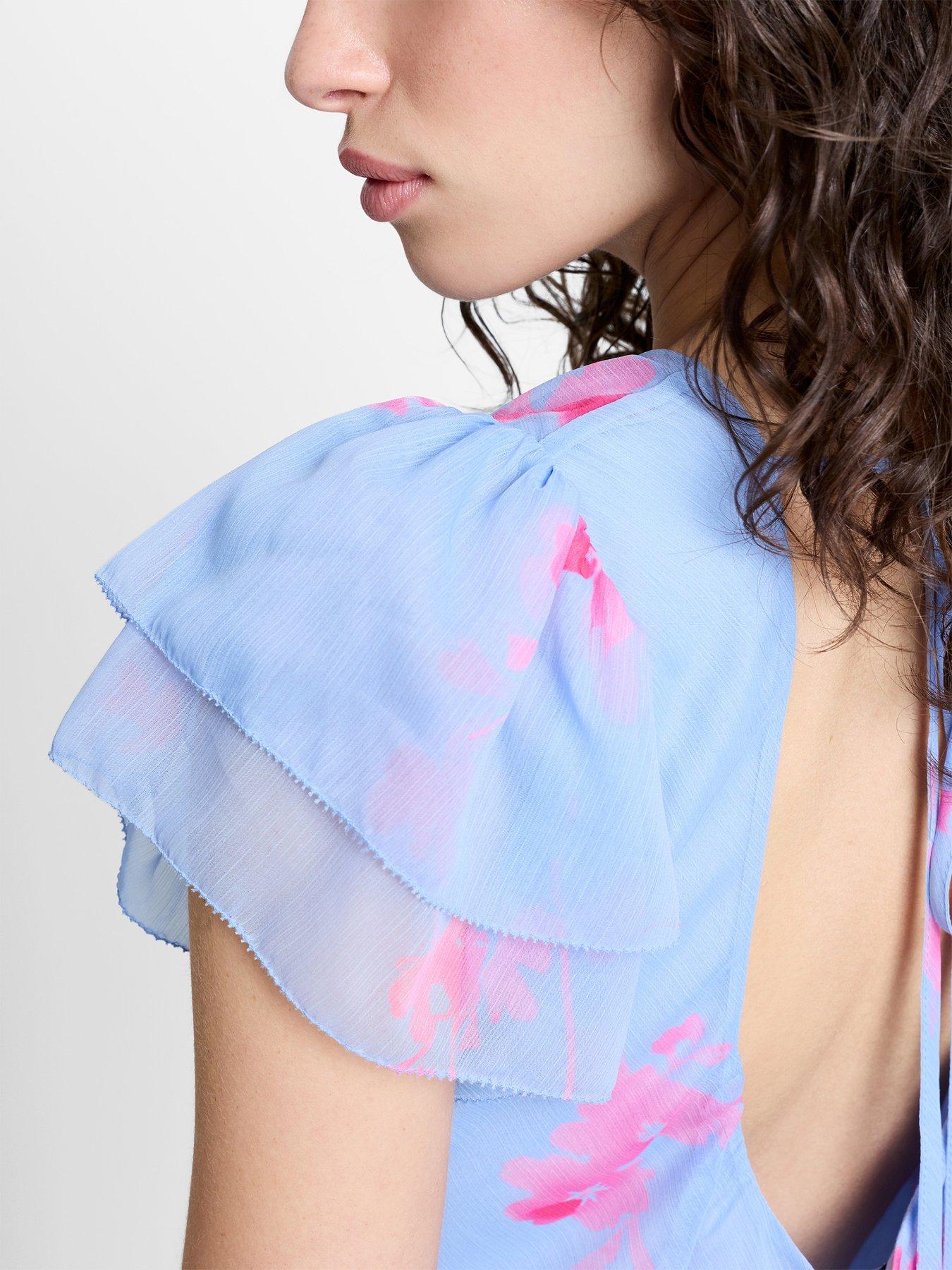 Image 4 of 5 of French Connection Floral Print Chiffon V-Neck Midi Tea Dress - Blue