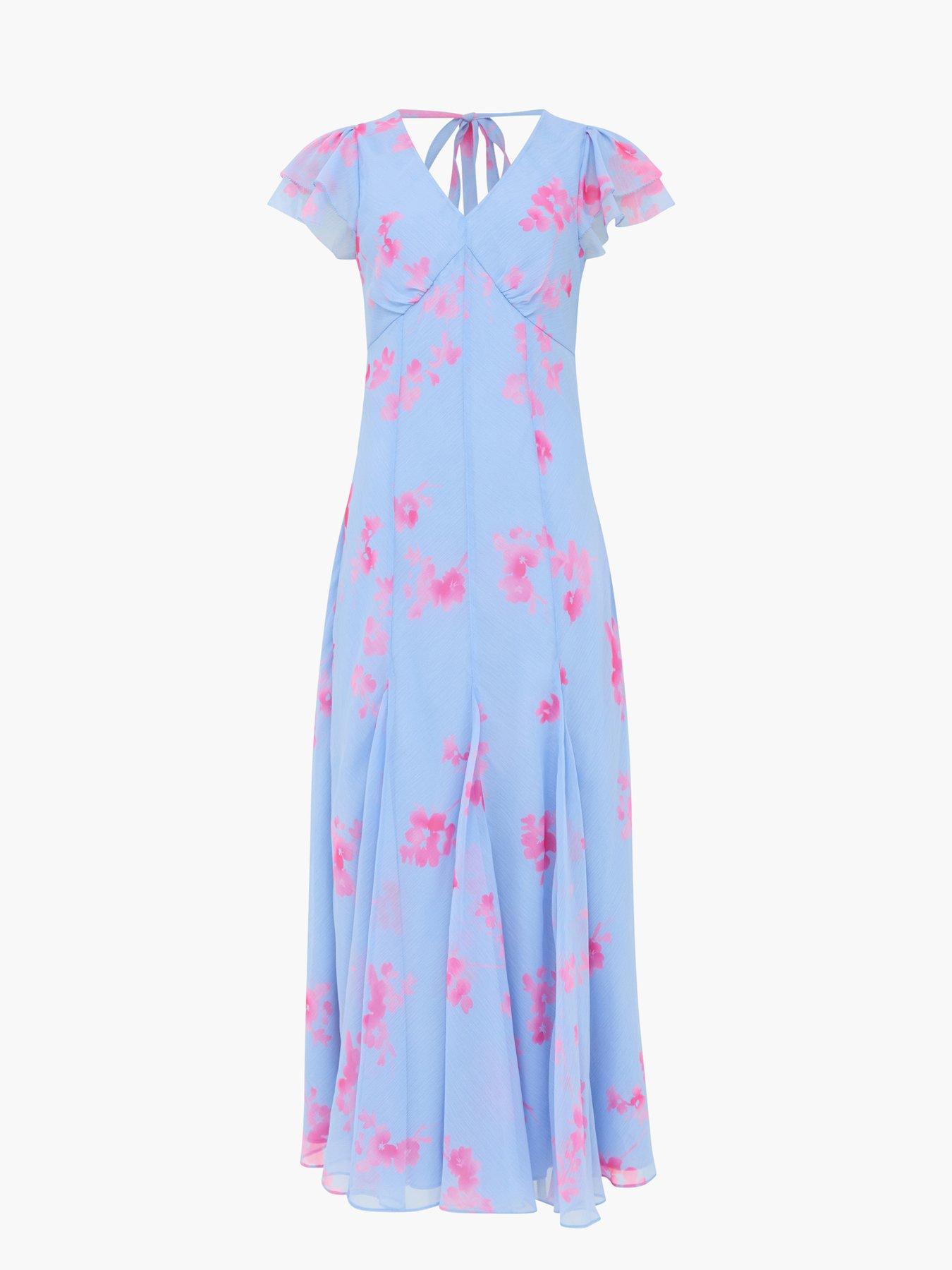 Image 5 of 5 of French Connection Floral Print Chiffon V-Neck Midi Tea Dress - Blue