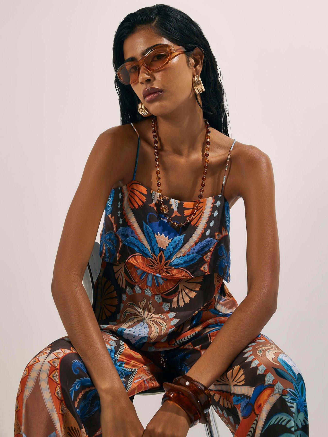 River Island Palm Print Tiered Co-Ord Cami Top - Brown