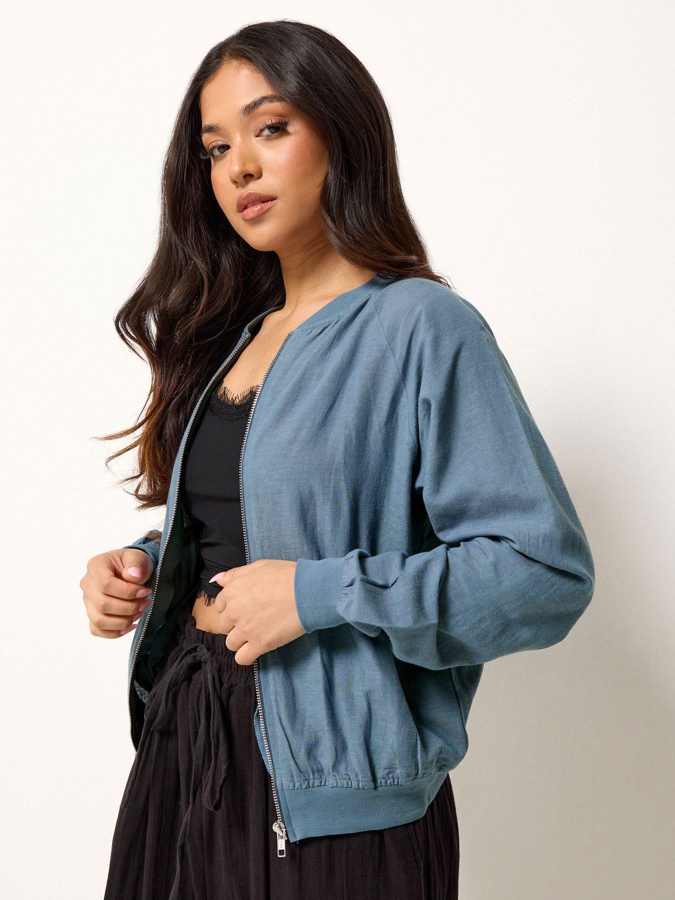 PixieGirl Petite Linen Bomber Jacket - Blue