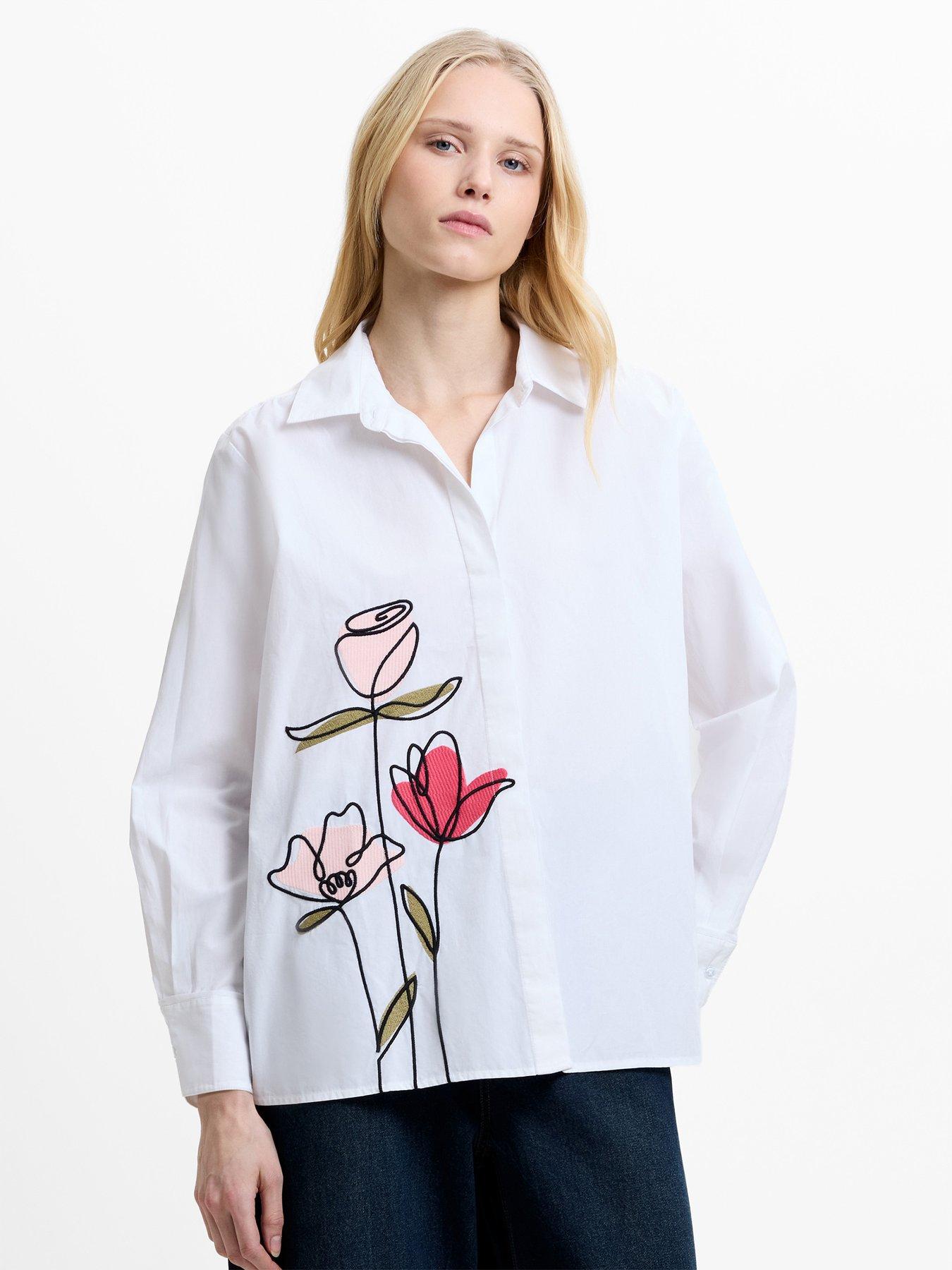 French Connection Cotton Long Sleeve Button Flower Design Shirt - White