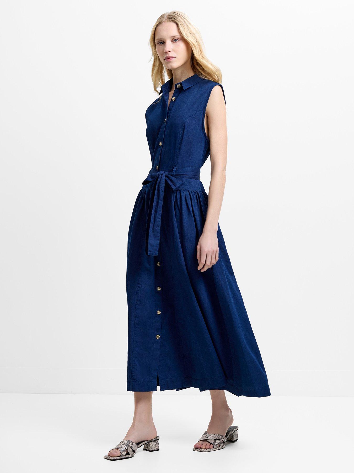 French Connection Cotton Collared Belt Midi Dress - Blue