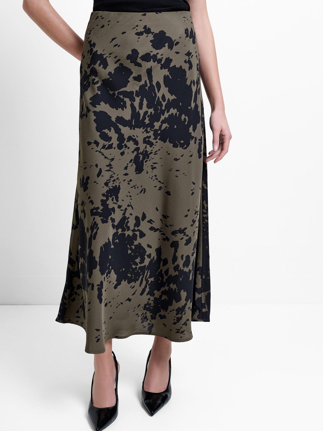 French Connection Aria Satin Khaki Midi Skirt - Green