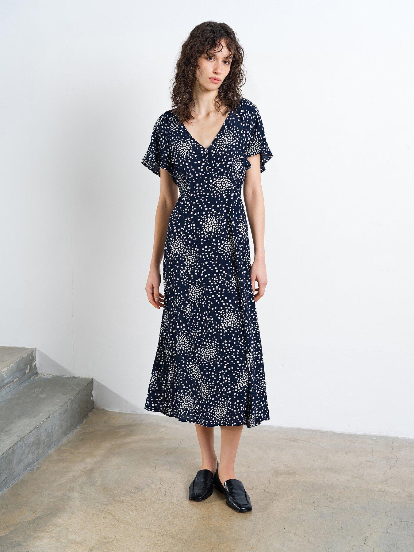 French Connection Polka Dot V-neck A-line Flutter Sleeve Midi Tea Dress