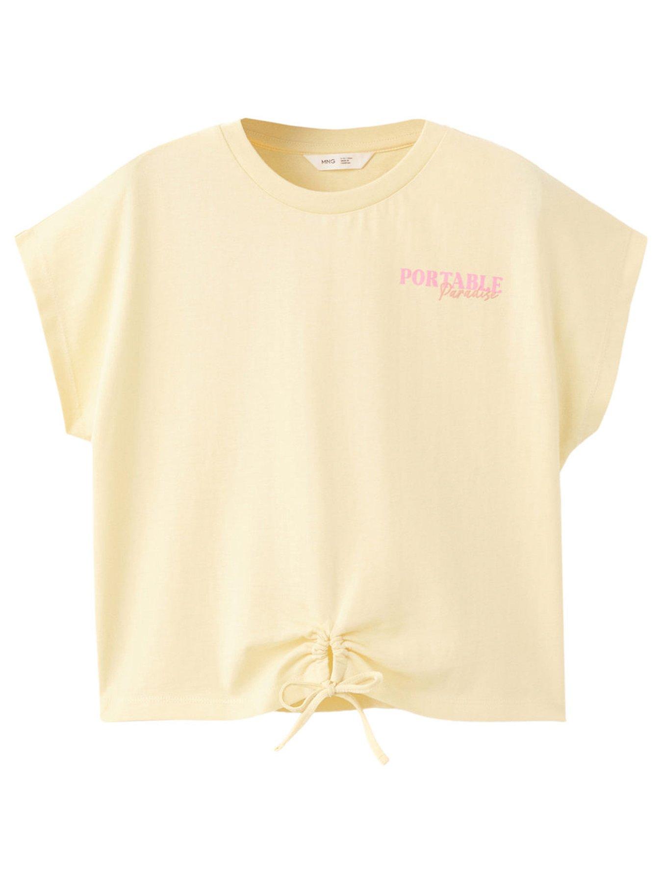 Image 1 of 4 of Mango Girls Tie Front Short Sleeve T-shirt - Light Yellow