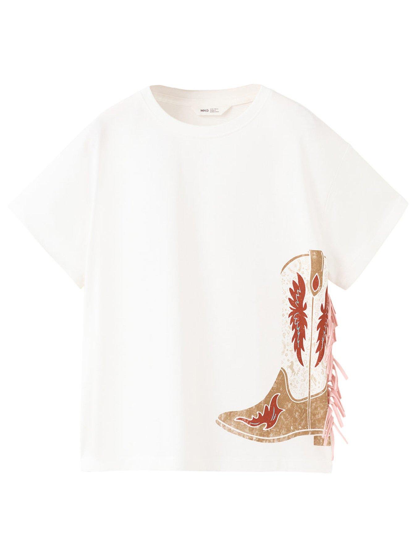 Mango Girls Cowboy Boot Short Sleeve T-shirt - Light Cream