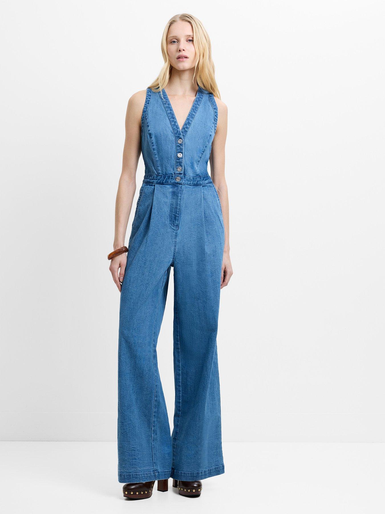 French Connection Cotton Denim V-neck Wide Leg Jumpsuit
