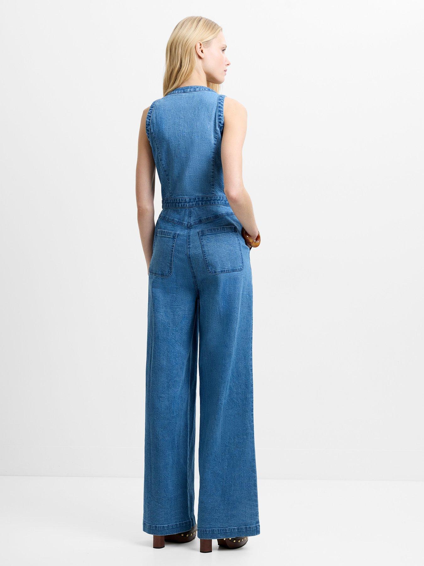 Image 2 of 4 of French Connection Cotton Denim V-Neck Wide Leg Jumpsuit - Blue