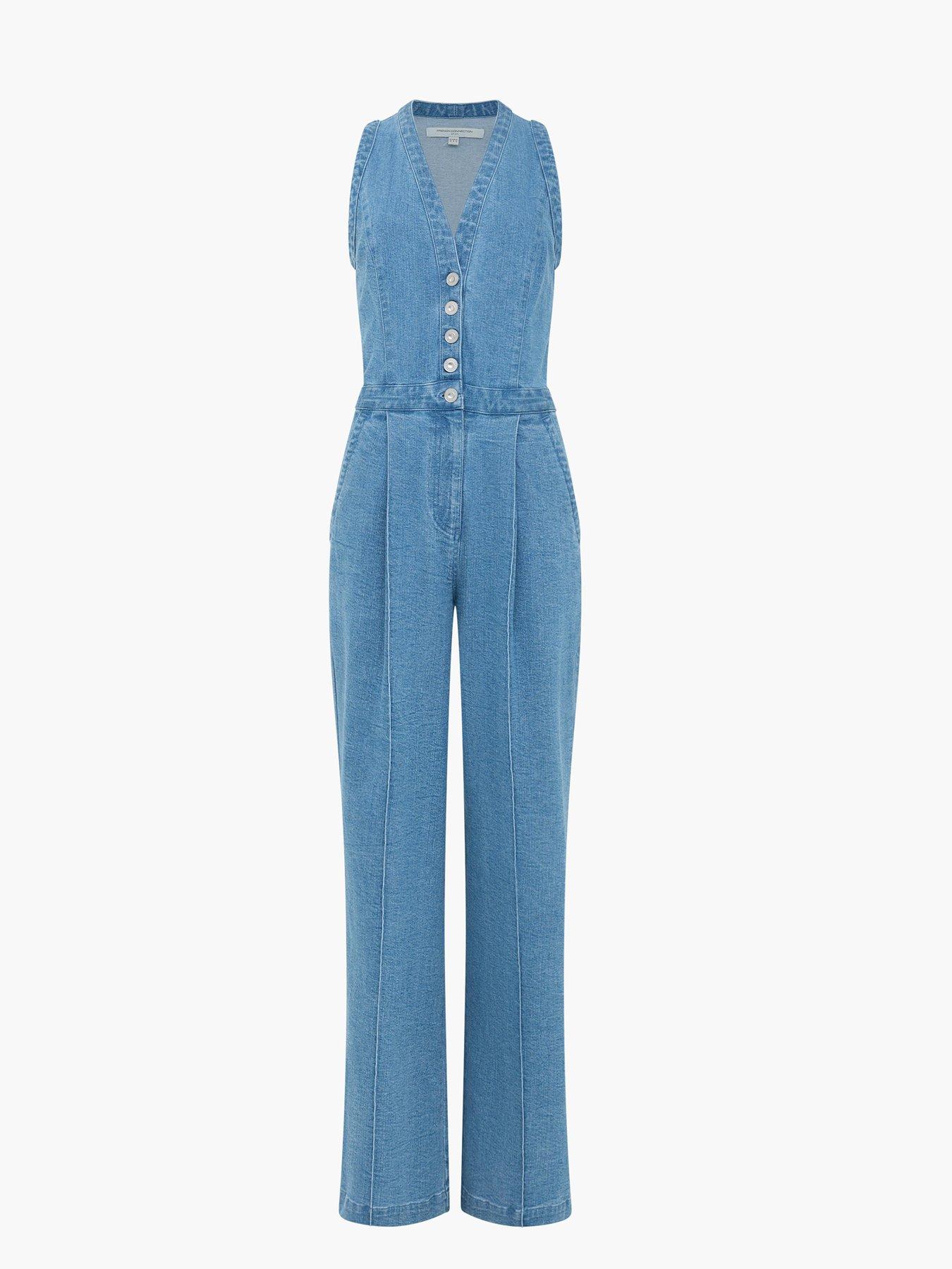 Image 4 of 4 of French Connection Cotton Denim V-Neck Wide Leg Jumpsuit - Blue