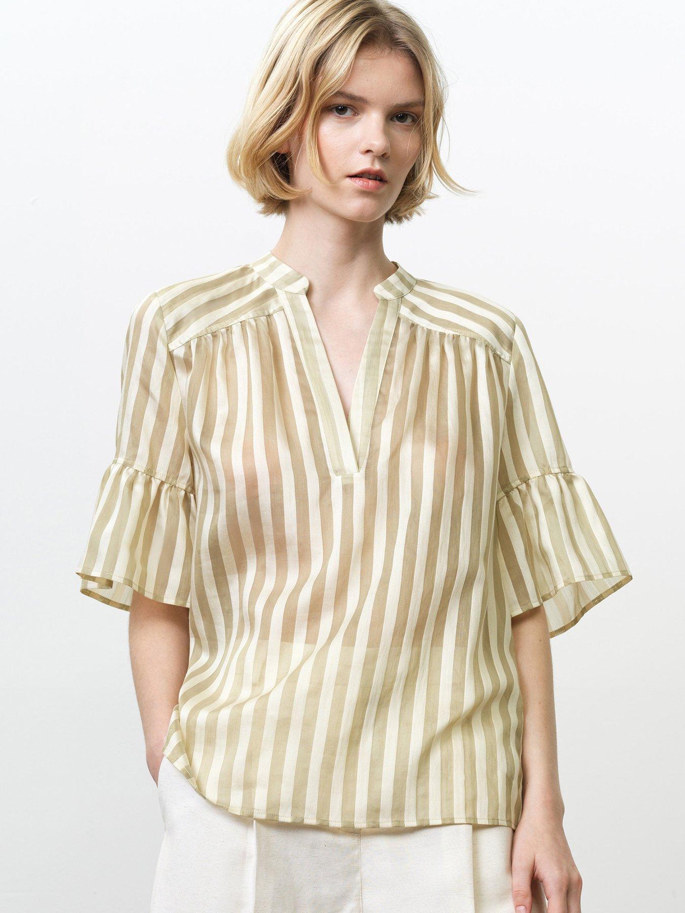 French Connection Relaxed Striped V Neck Top - Green