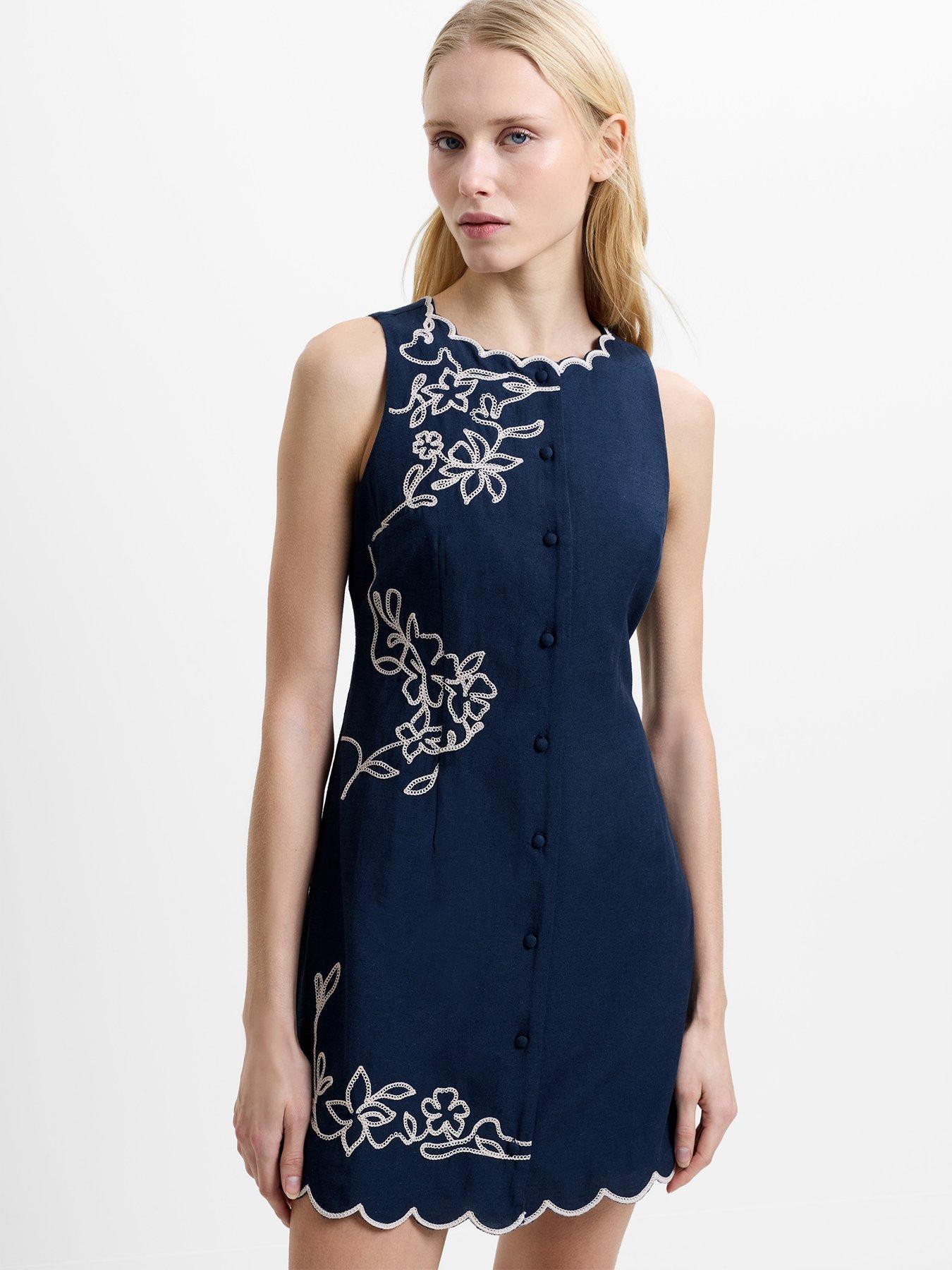 French Connection Cotton-linen Blend Floral Embroidered Scalloped Hem Shift Mini Dress