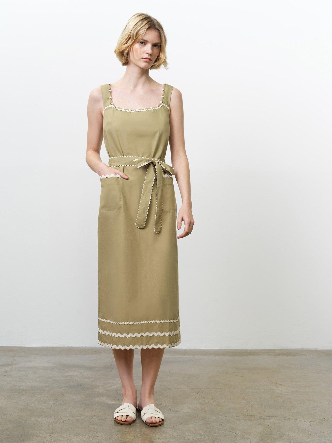 French Connection Cotton Scallop Square Neck Midi Dress - Green