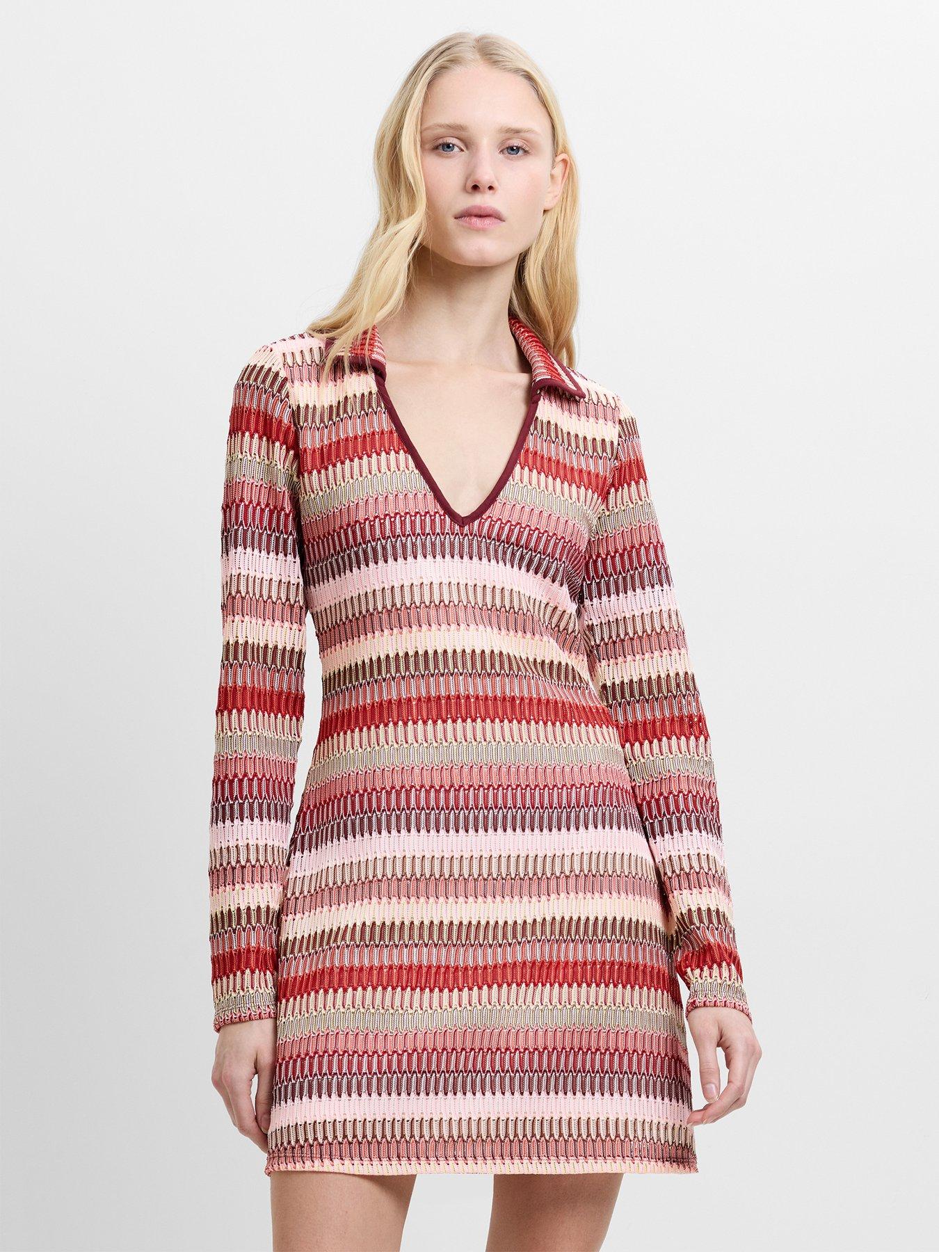 French Connection Zig-zag Stripe Long Sleeve V-neck Collared Knit Mini Dress