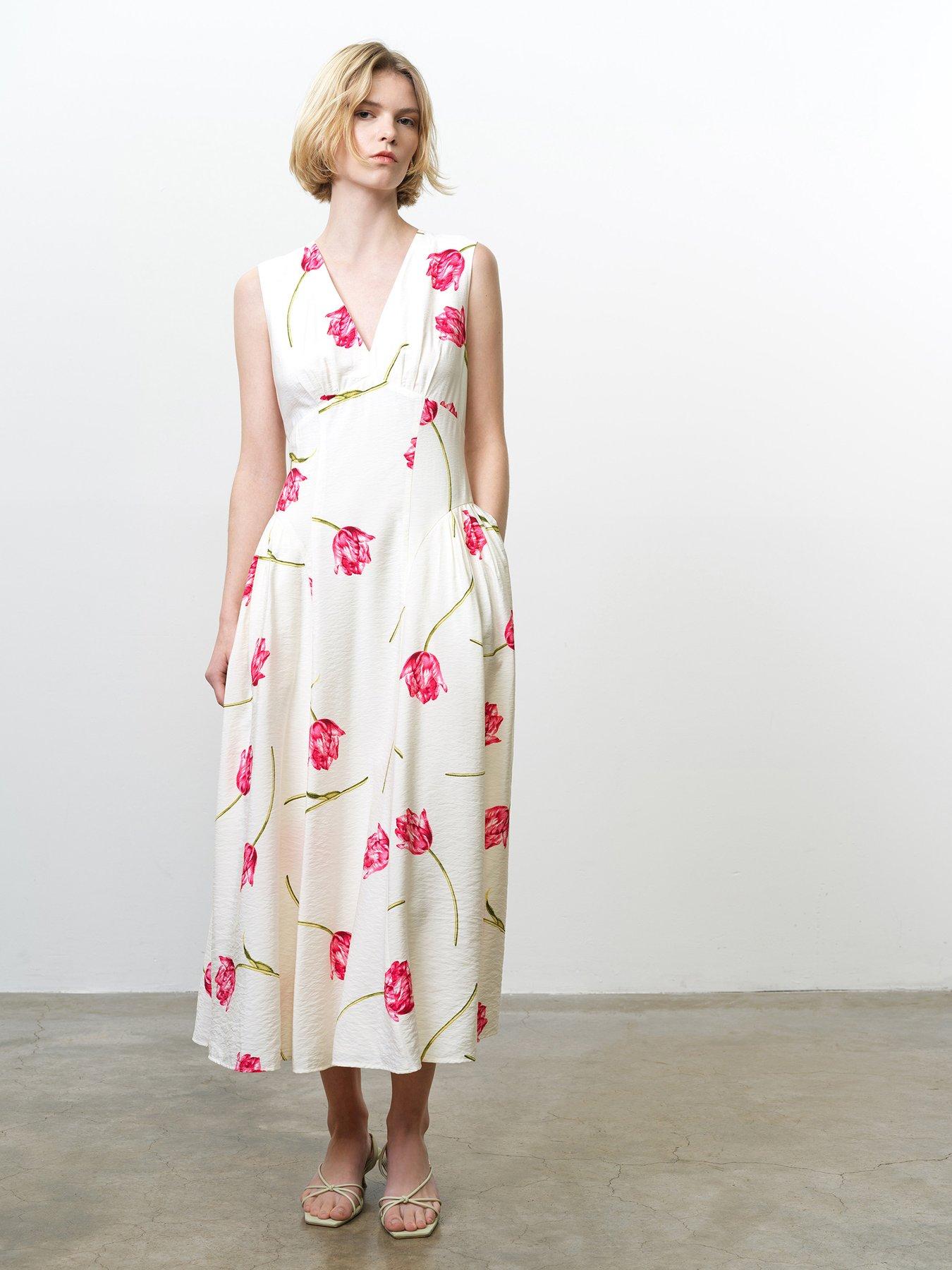 French Connection Floral Print Draped V-neck Flowy Midi Dress