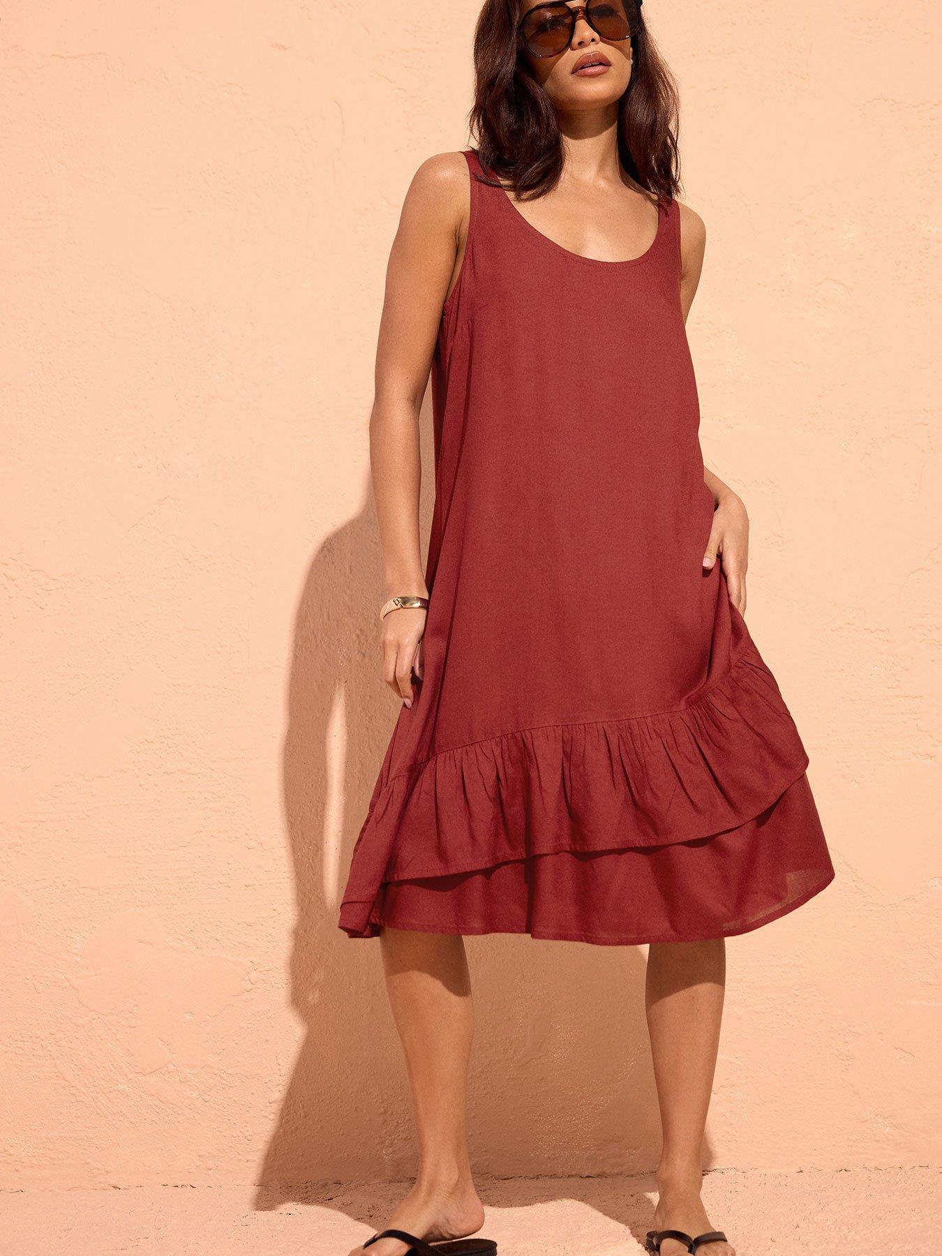 Image 1 of 5 of PixieGirl Petite Frill Hem Midi Dress - Red
