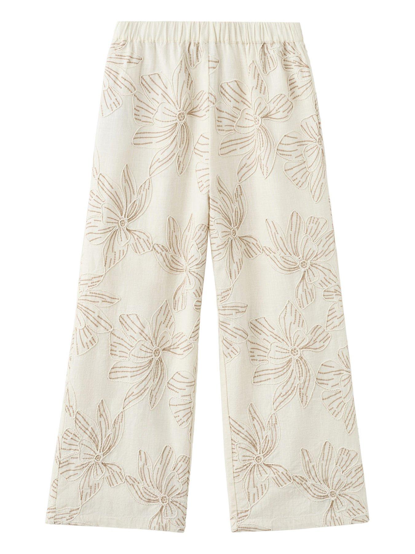 Mango Girls Flower Embroidered Co-Ord Trousers - Beige