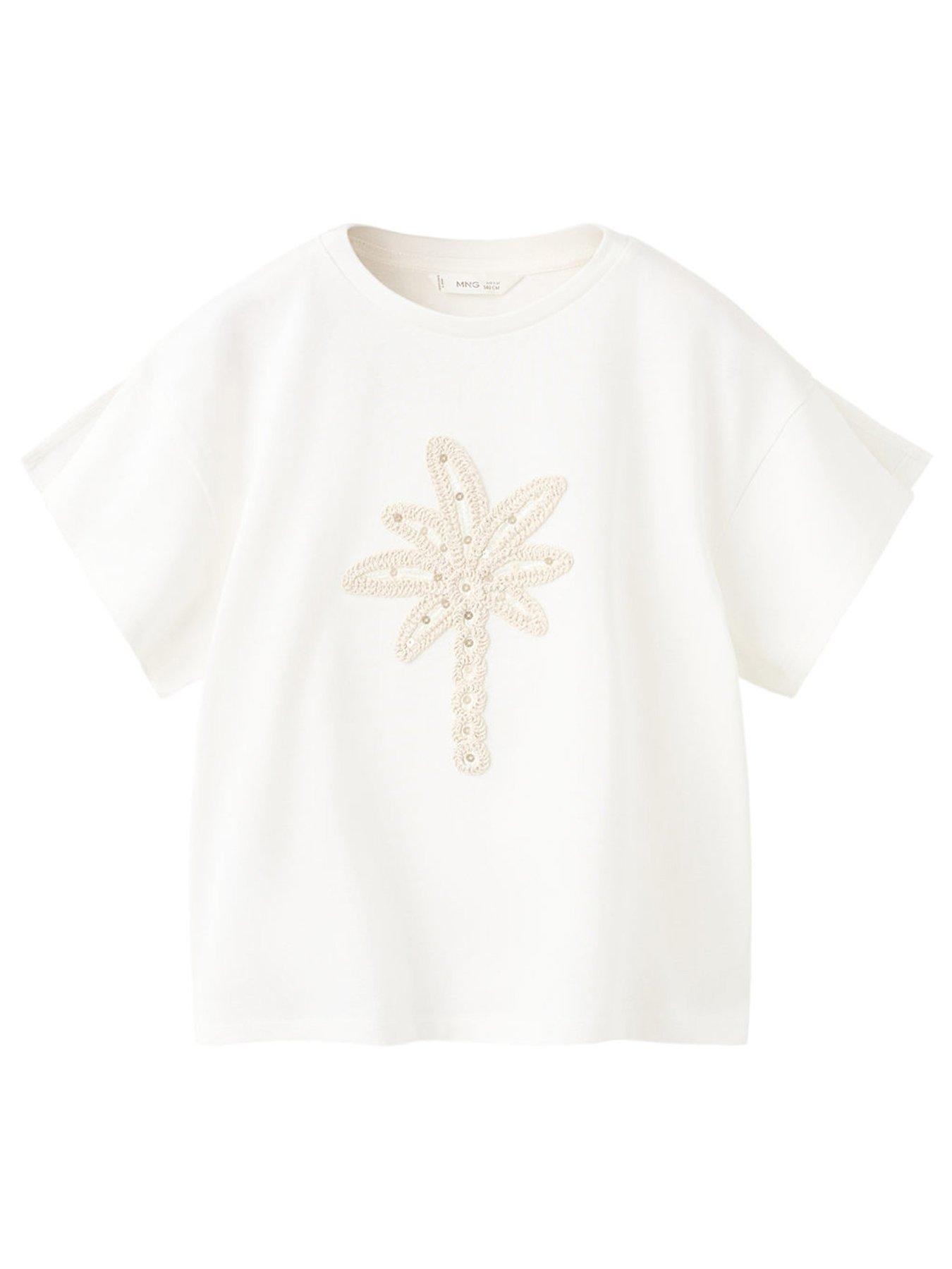 Image 1 of 4 of Mango Girls Embroidered Palm Tree Short Sleeve T-shirt - Light Cream